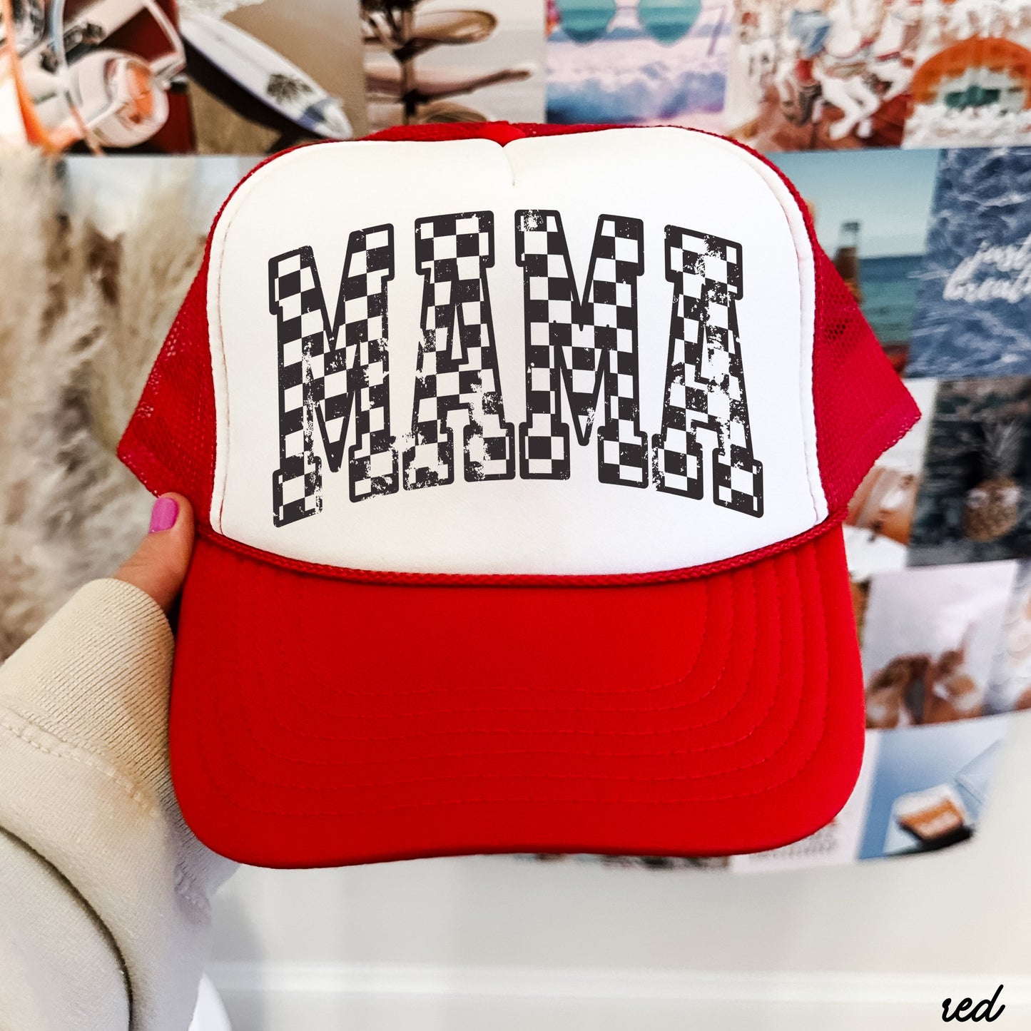 Checkered Mama Outline Trucker Hat *9 COLORS