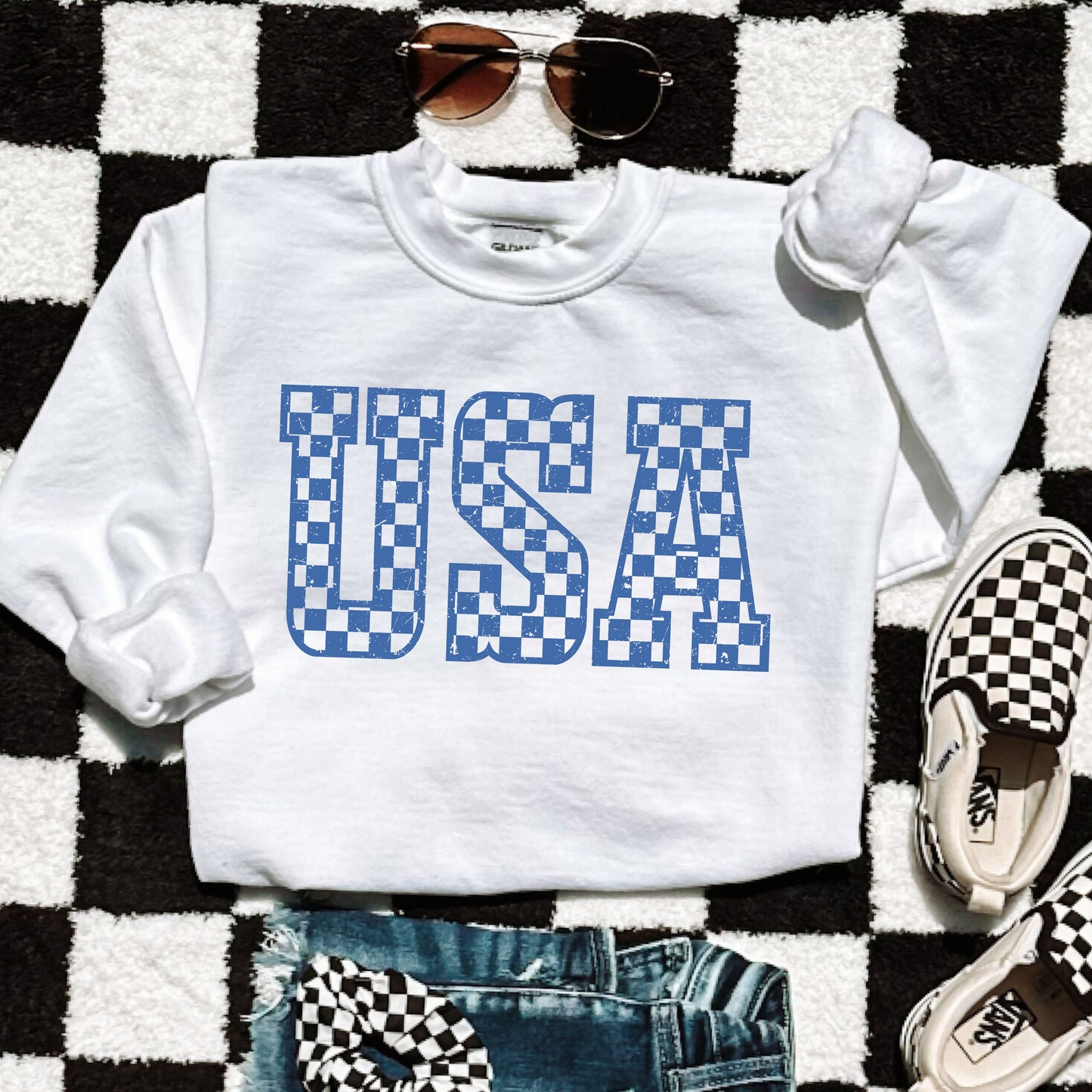 Checkered USA Sweatshirt *7 Colors (S-3X)