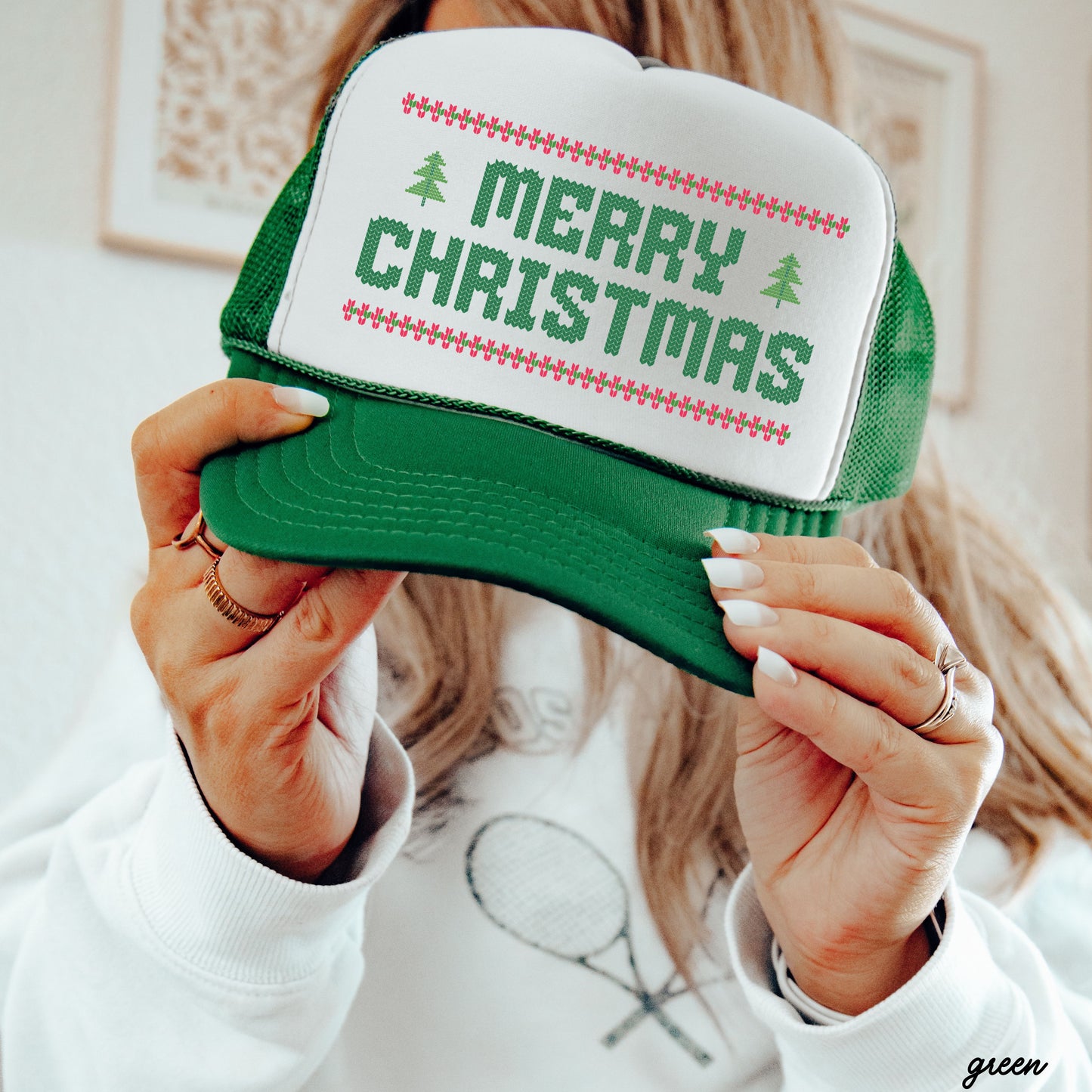 Merry Christmas Ugly Sweater Style Trucker Hat *8 Colors