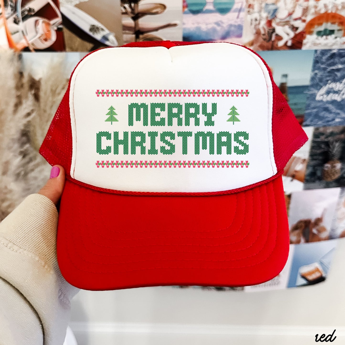 Merry Christmas Ugly Sweater Style Trucker Hat *8 Colors