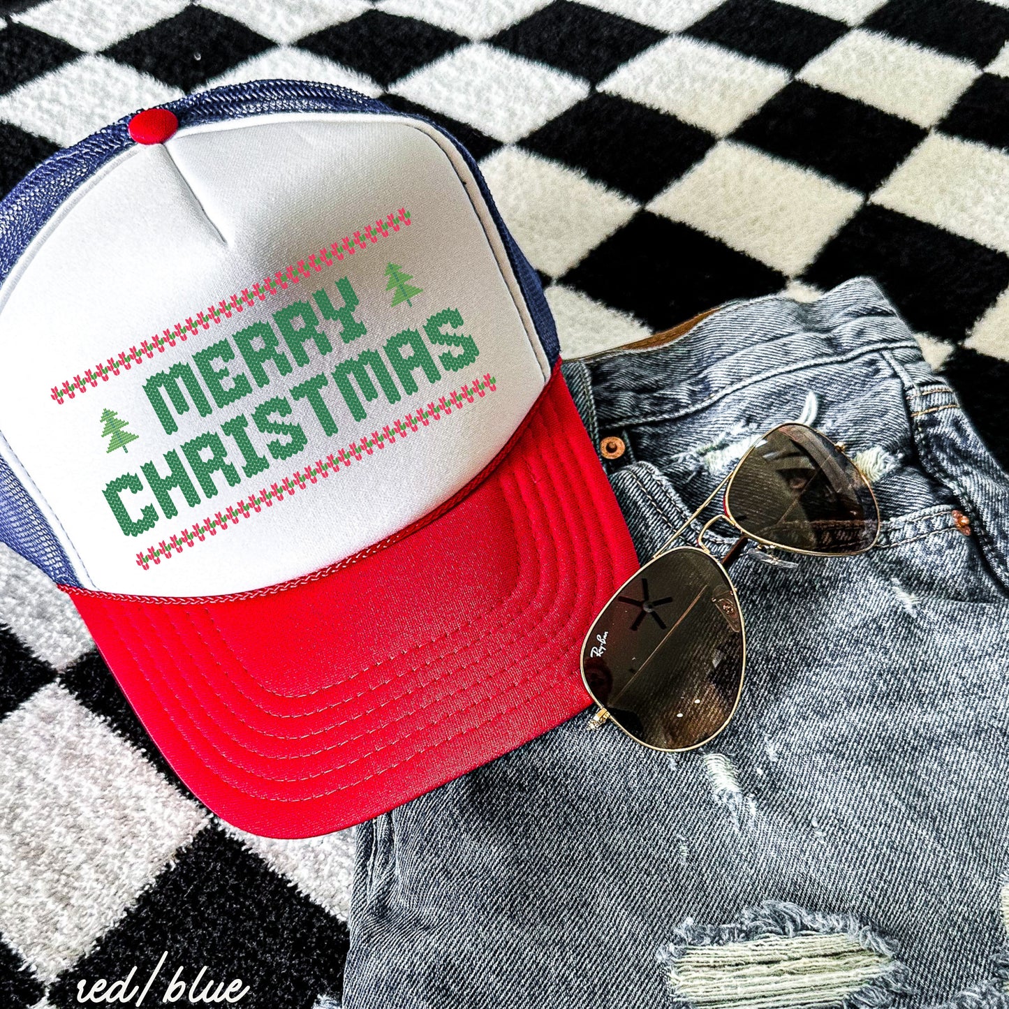 Merry Christmas Ugly Sweater Style Trucker Hat *8 Colors