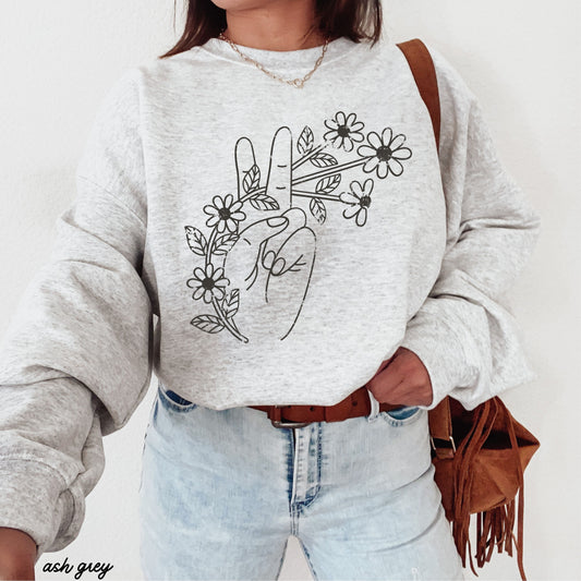 Floral Hand Peace Sign Sweatshirt *9 Colors (S-3X)