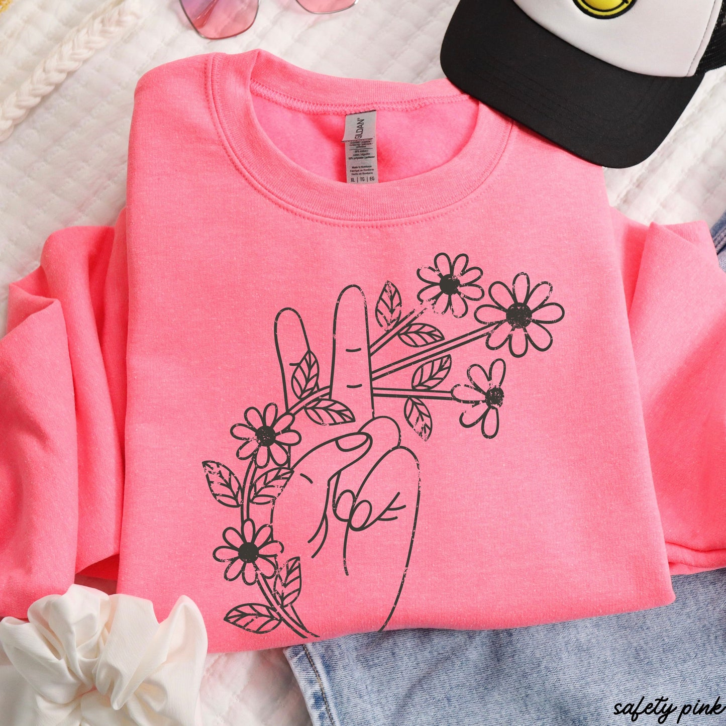 Floral Hand Peace Sign Sweatshirt *9 Colors (S-3X)