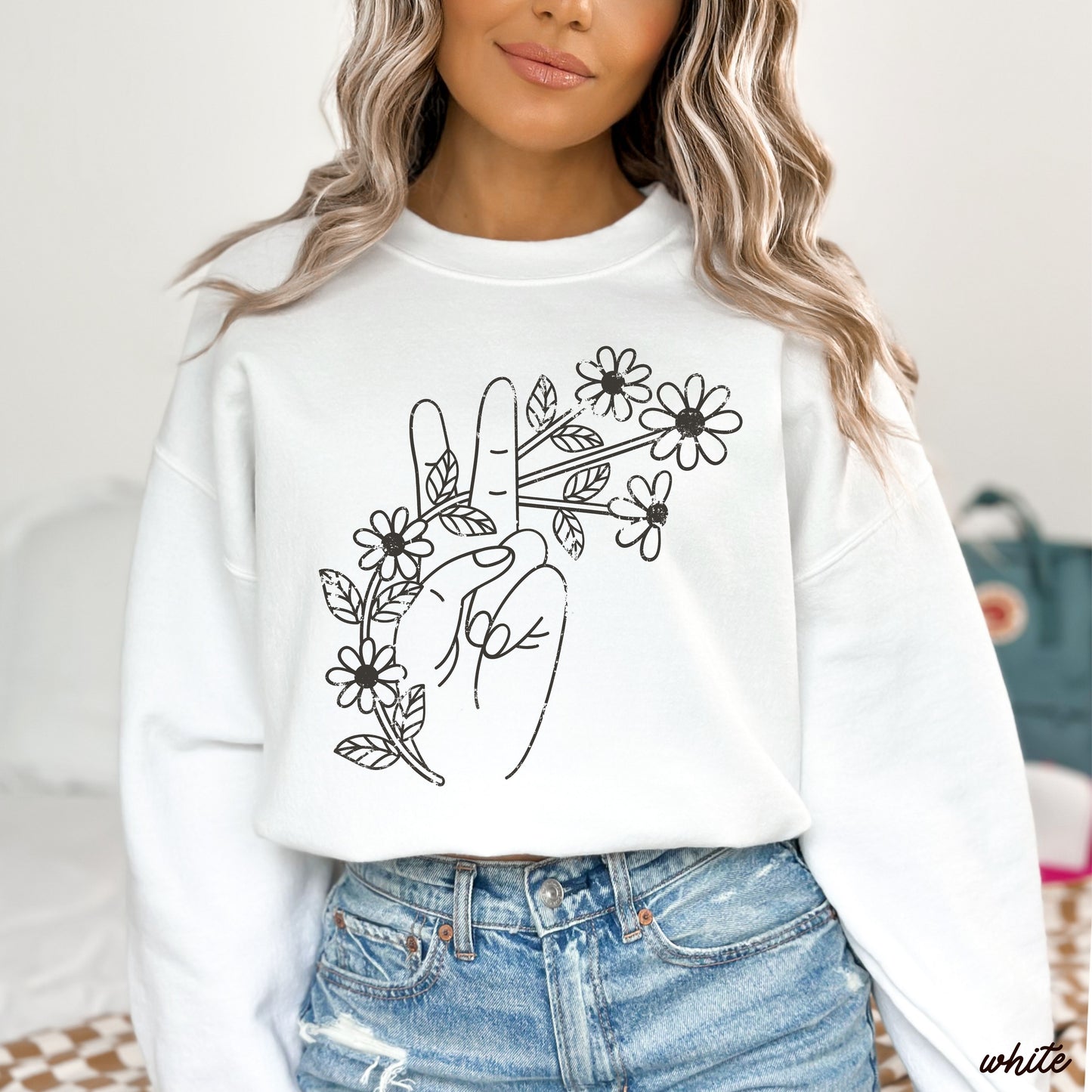 Floral Hand Peace Sign Sweatshirt *9 Colors (S-3X)