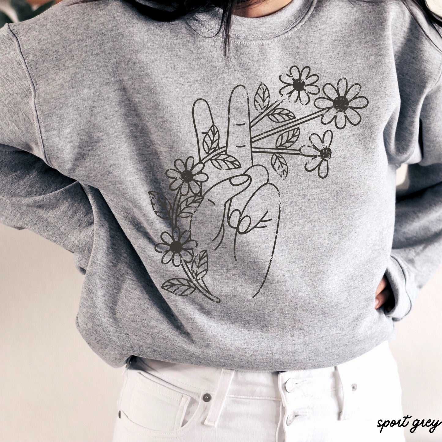 Floral Hand Peace Sign Sweatshirt *9 Colors (S-3X)