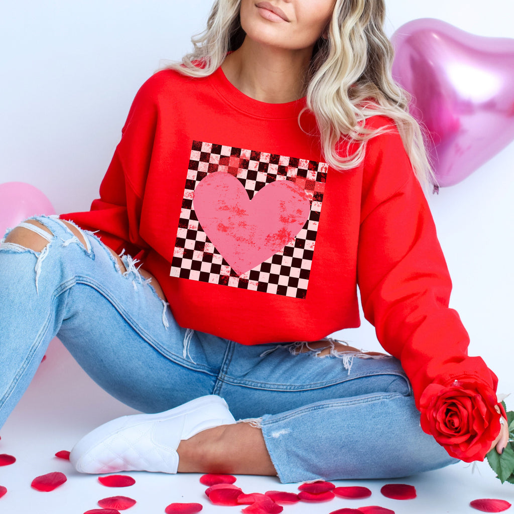 Checkered Heart Sweatshirt *RED (S-3X)