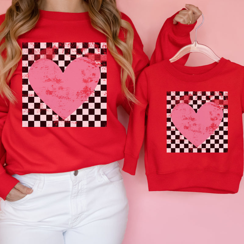 YOUTH Pre-Order: Checkered Heart Sweatshirt *RED (XS-XL)