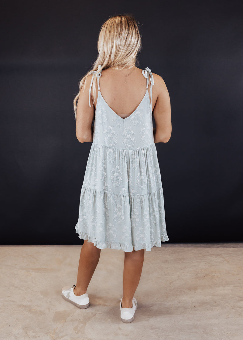 SMALL: Dusty Mint Blue Floral Dress