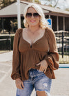 SMALL: Low V-Neck Camel Blouse