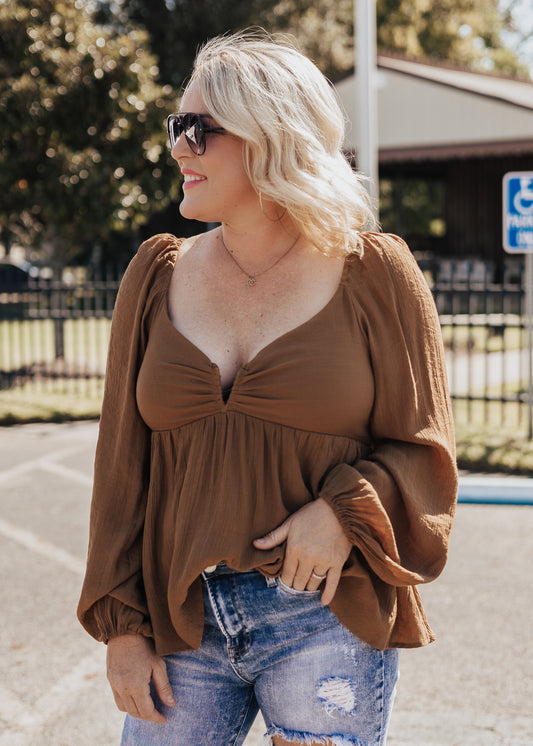 SMALL: Low V-Neck Camel Blouse