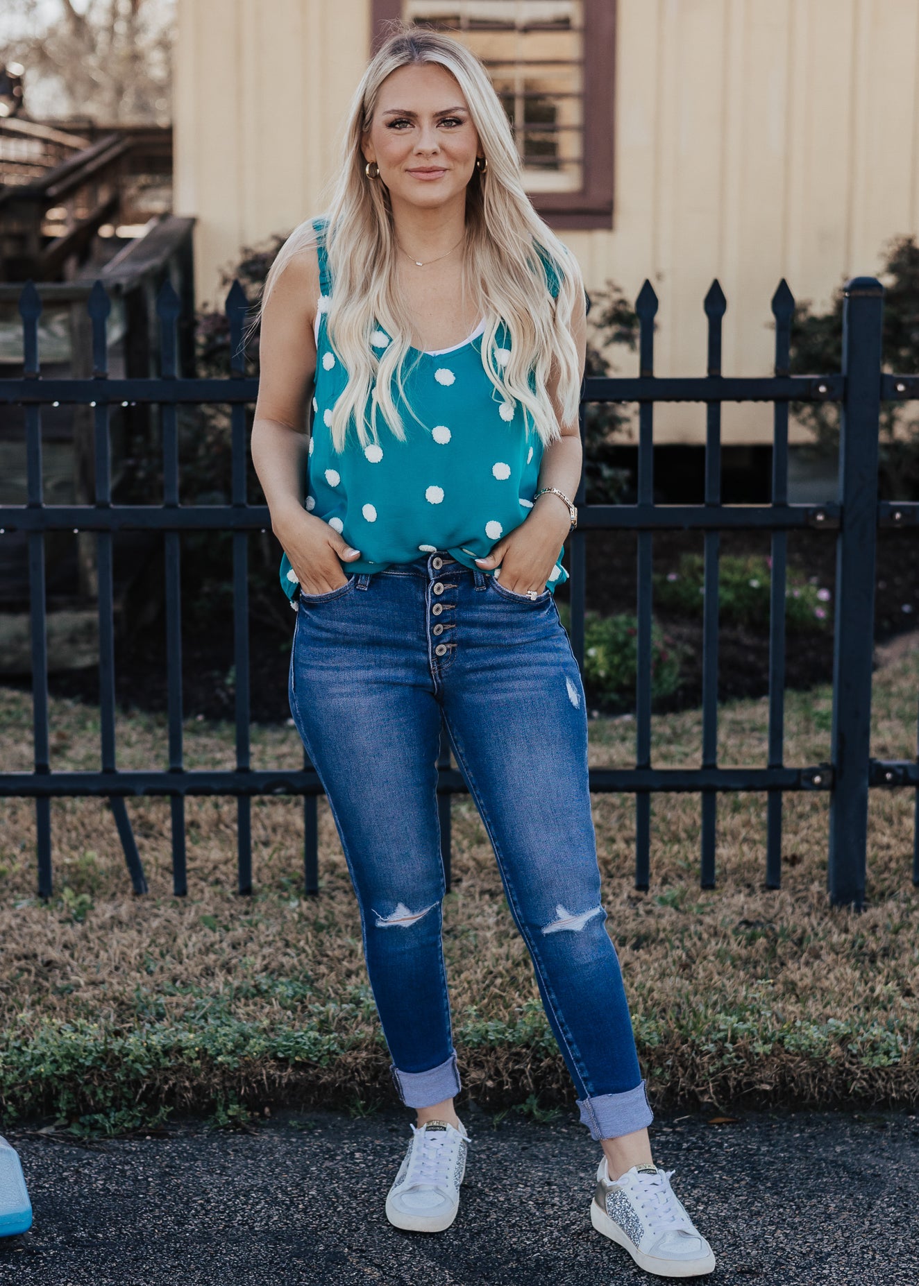 Small: Emerald Dotted Pom Blouse (S-3X)