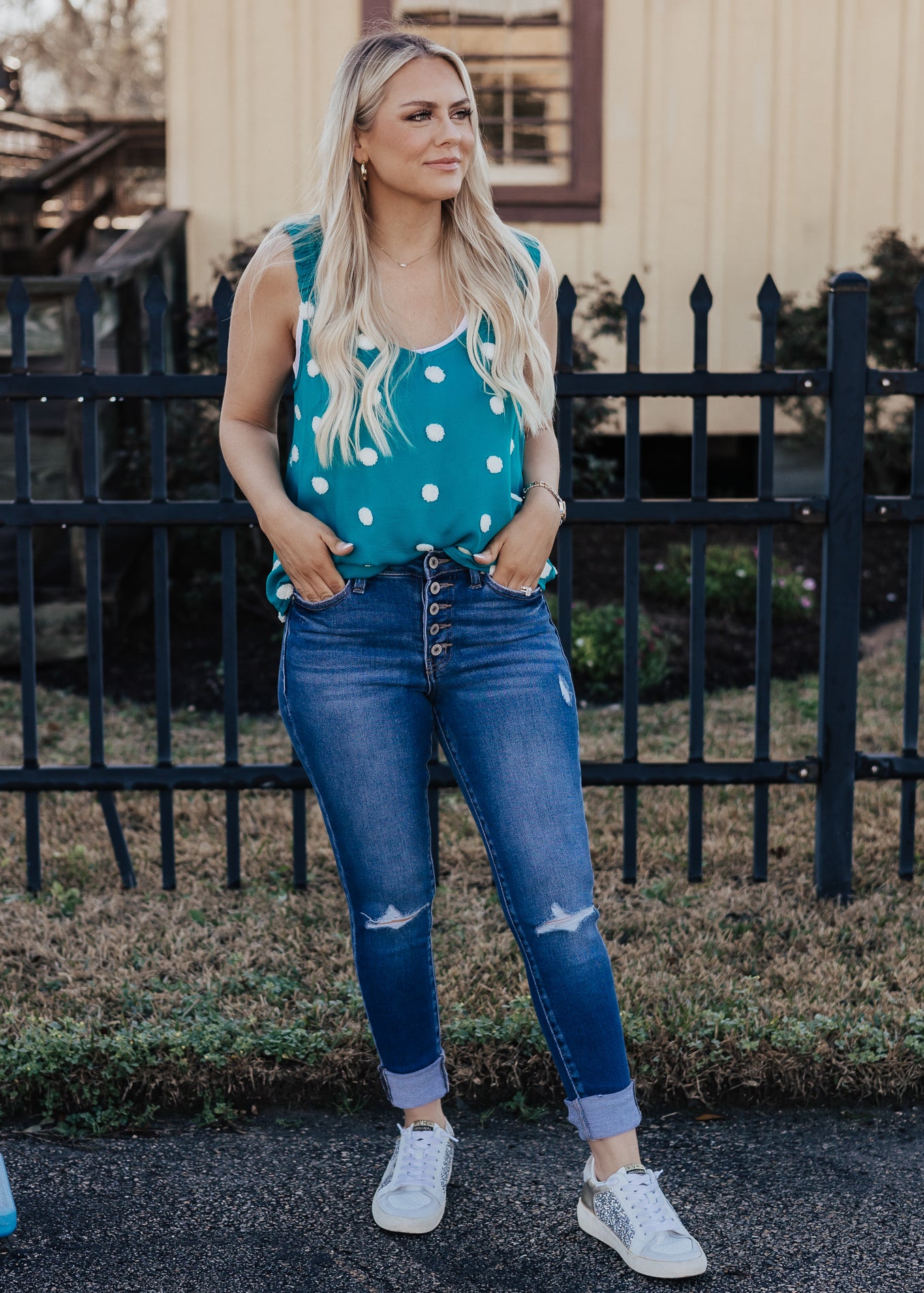 Small: Emerald Dotted Pom Blouse (S-3X)