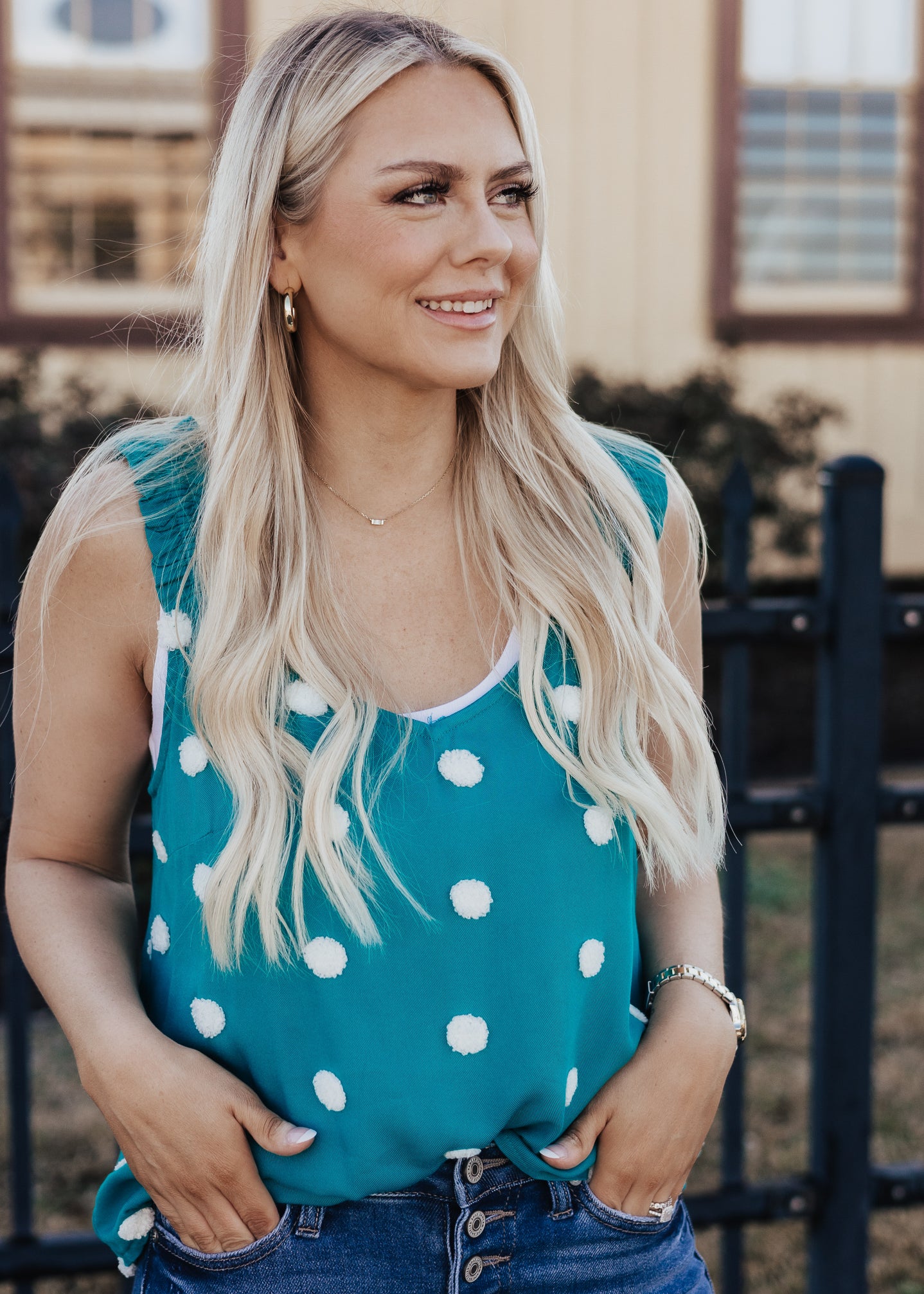 Small: Emerald Dotted Pom Blouse (S-3X)