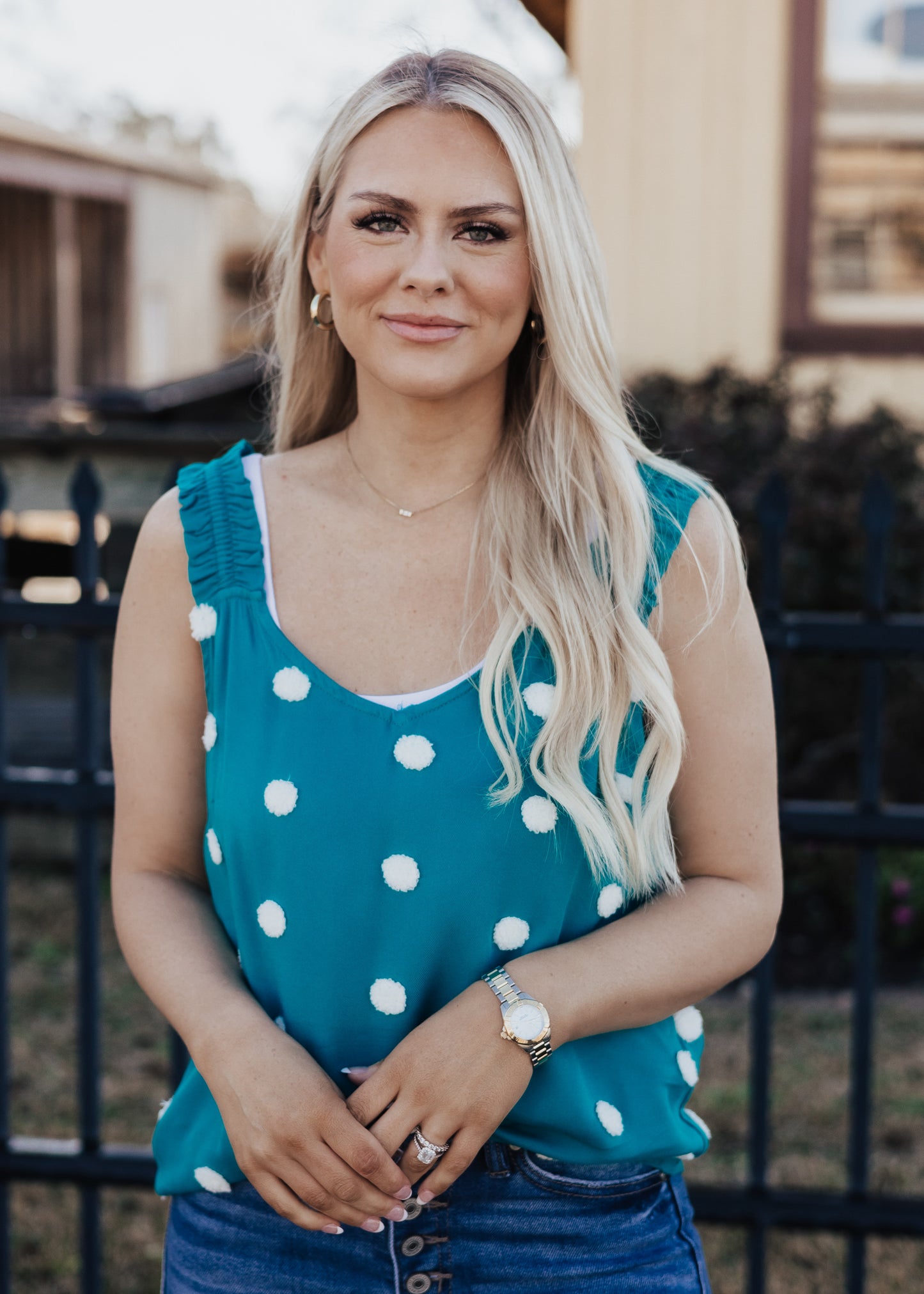 Small: Emerald Dotted Pom Blouse (S-3X)