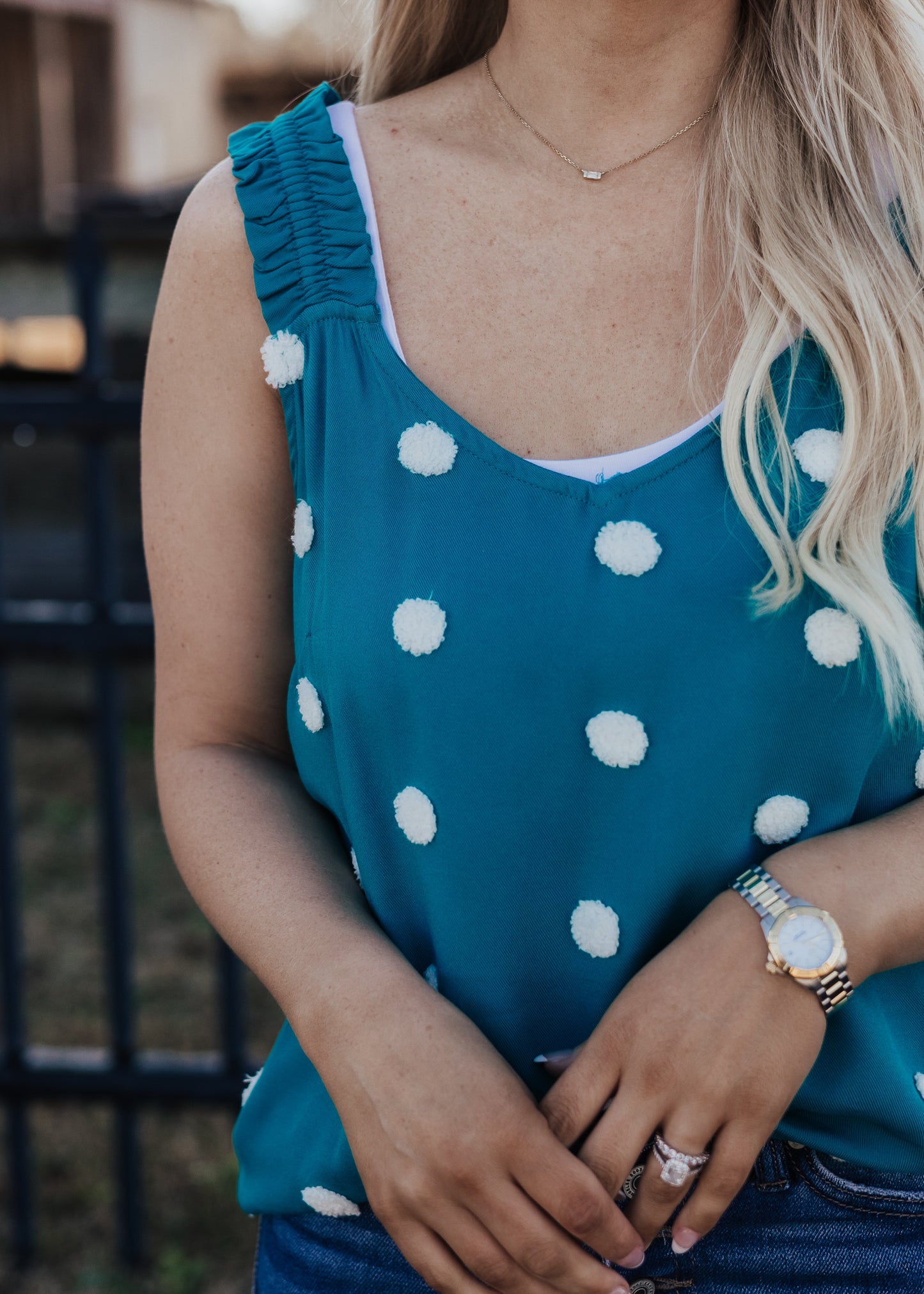 Small: Emerald Dotted Pom Blouse (S-3X)