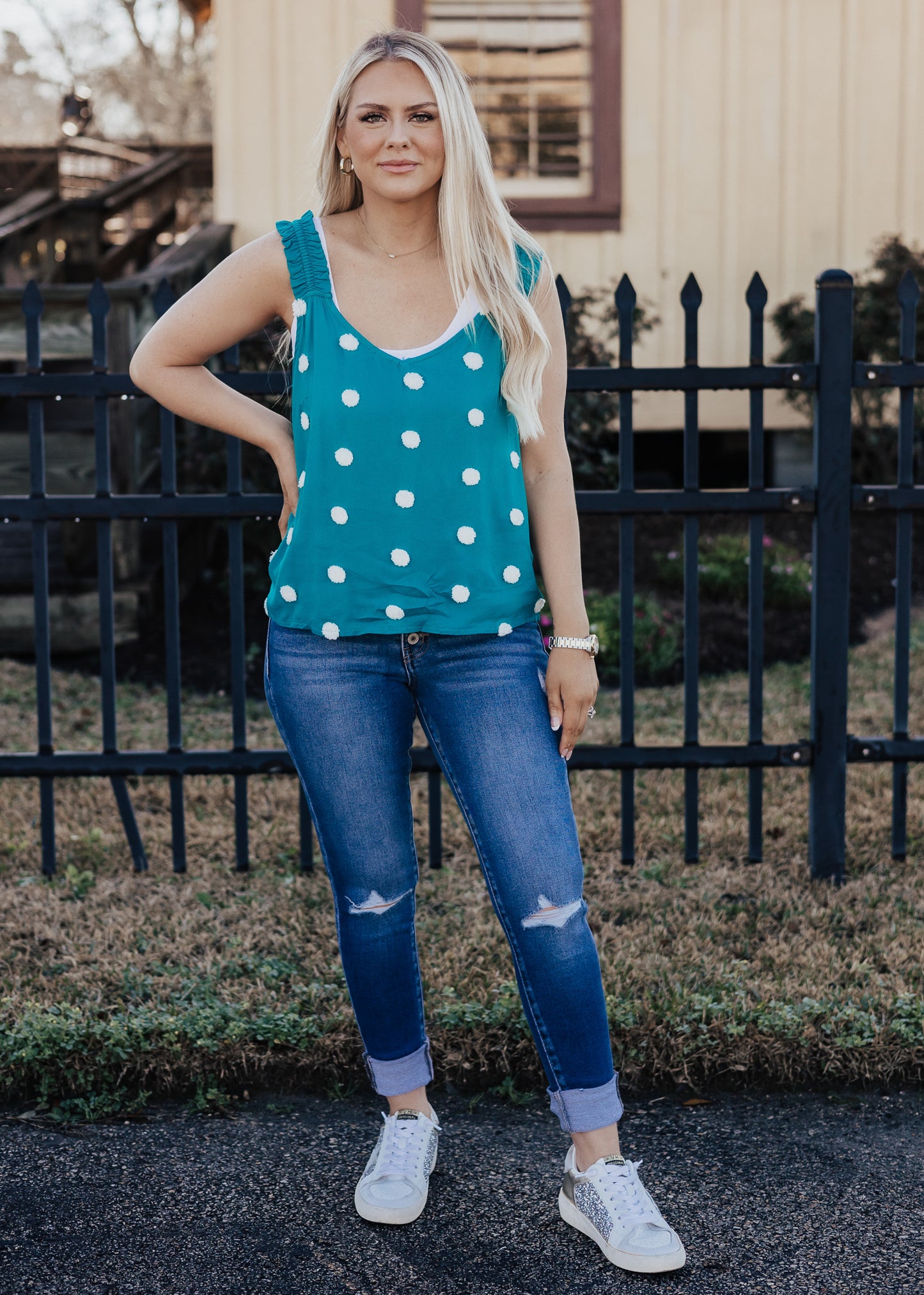 Small: Emerald Dotted Pom Blouse (S-3X)