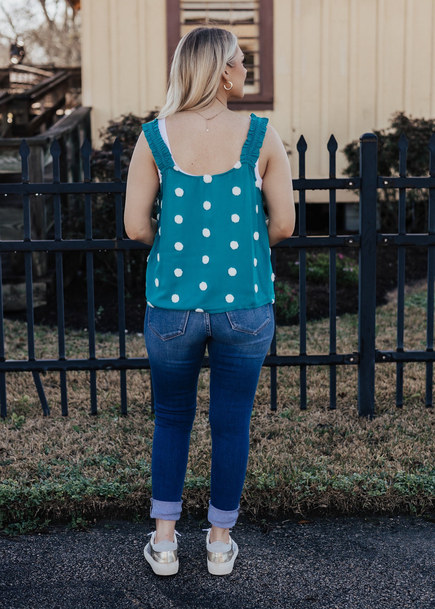 Small: Emerald Dotted Pom Blouse (S-3X)