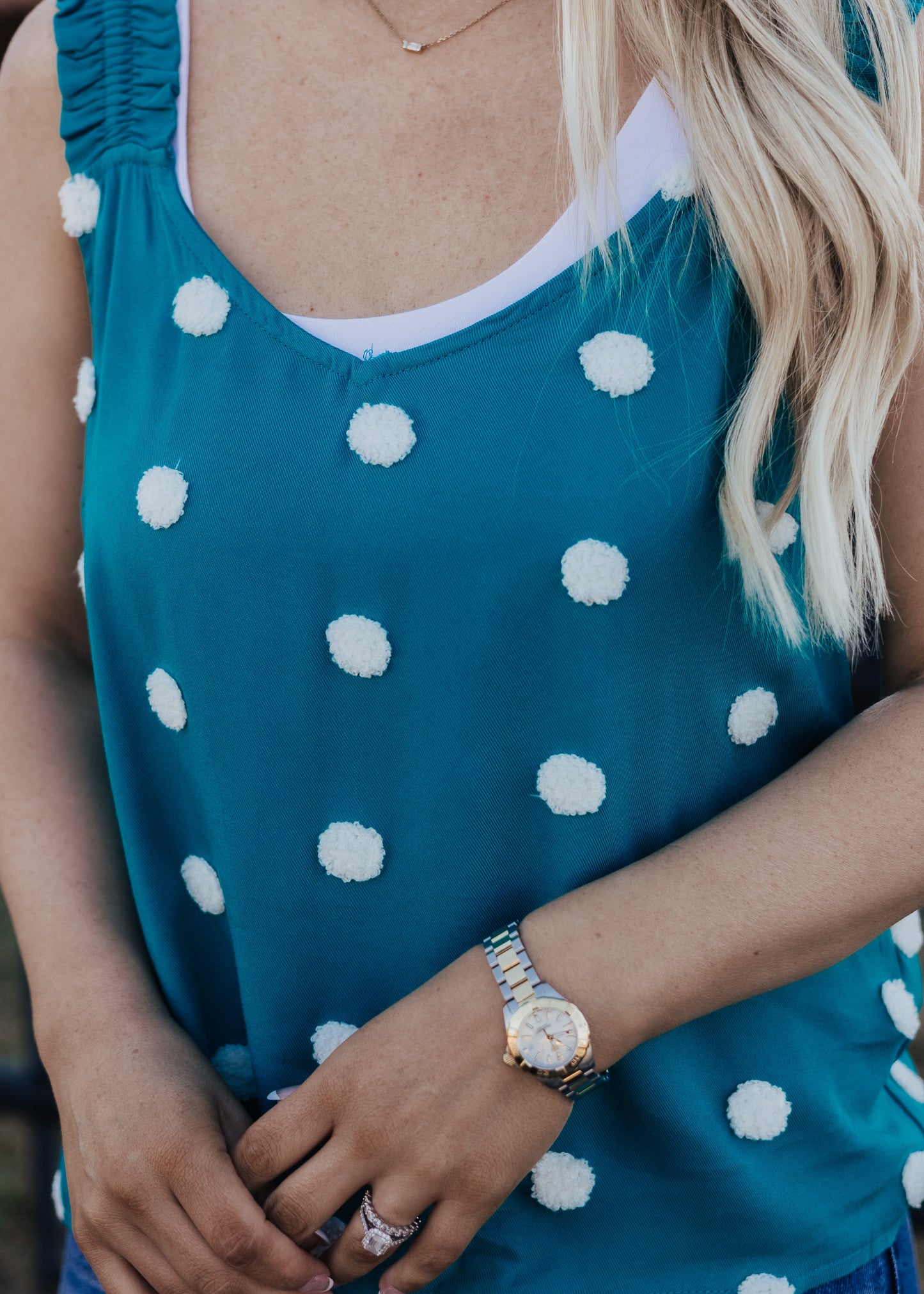 Small: Emerald Dotted Pom Blouse (S-3X)