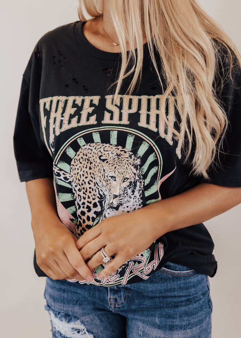 #26 Distressed Free Spirit Cheetah Top (S-3X) *BLACK