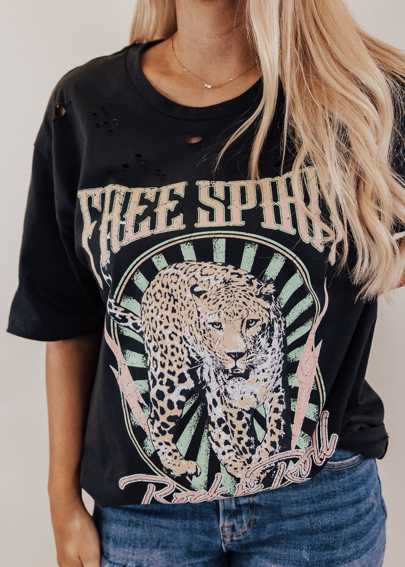 #26 Distressed Free Spirit Cheetah Top (S-3X) *BLACK
