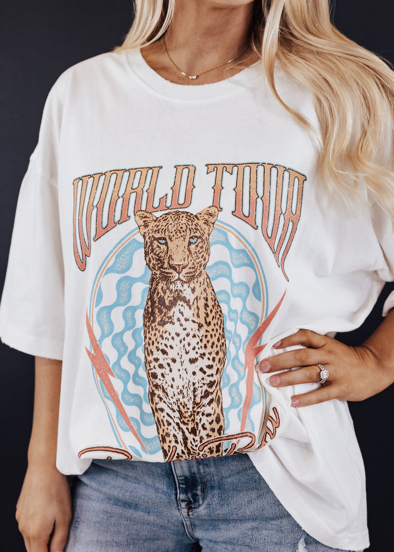 #27 Oversized World Tour Cheetah Top (CAN FIT XL) *WHITE