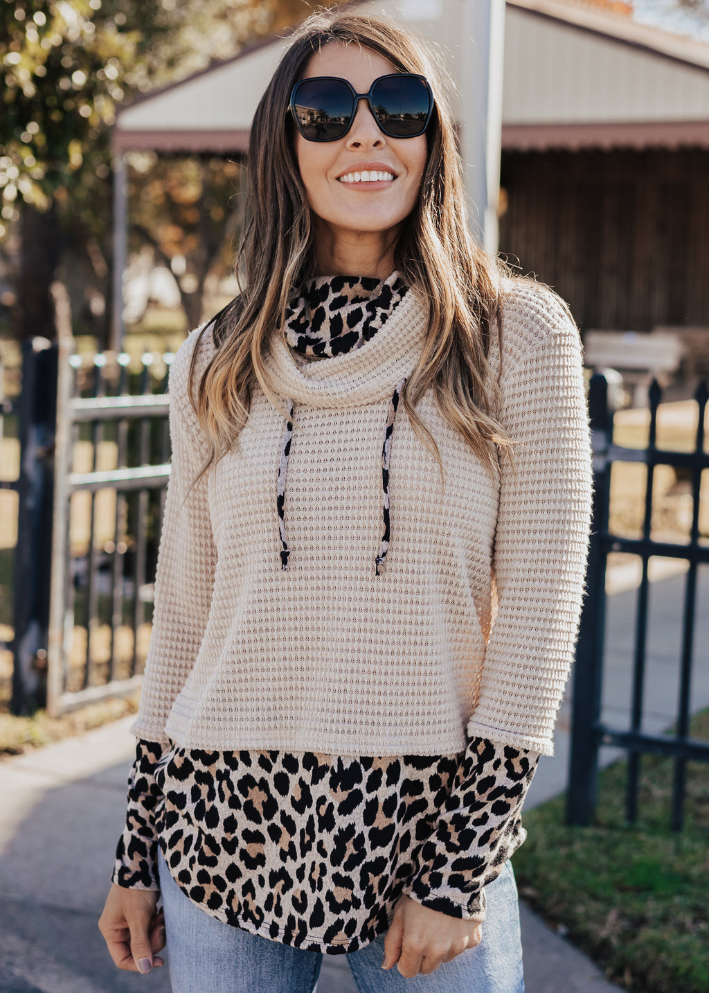 EXTRA LARGE: Leopard Waffle Cowl Neck Top (S-XL)