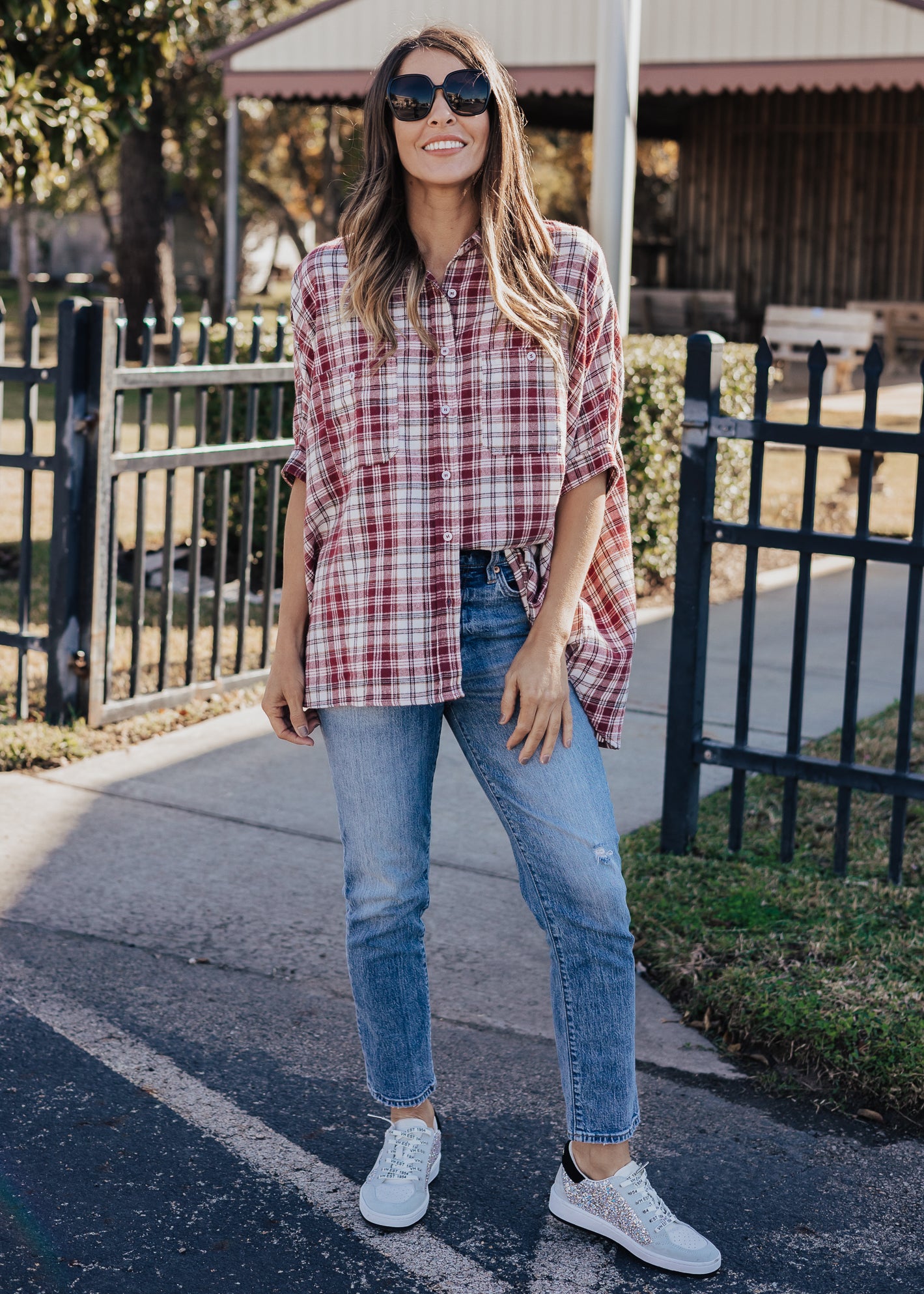 SIZE 3X: Oversized Plaid Button Down (S-3X) *BURGUNDY/IVORY