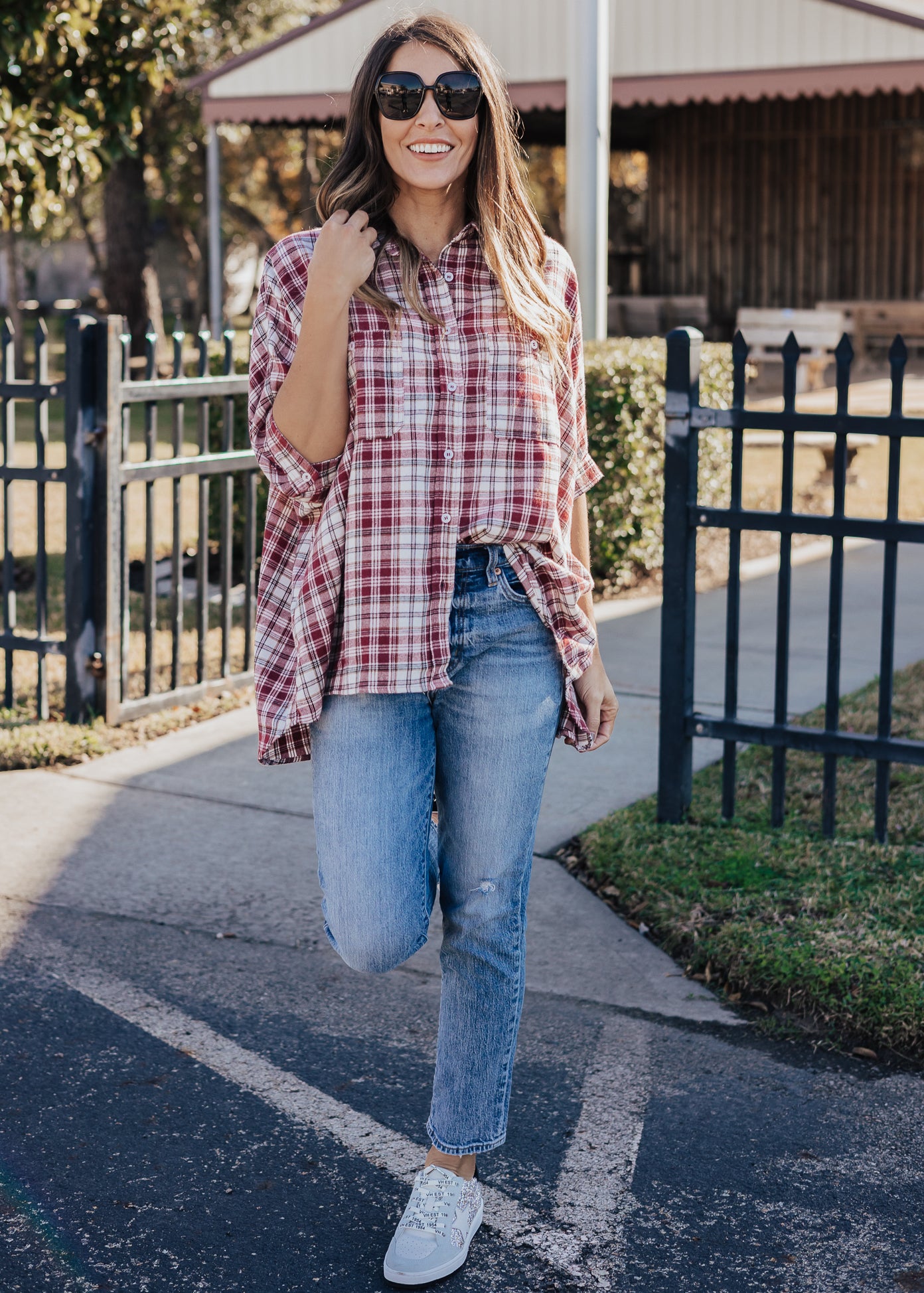 SIZE 3X: Oversized Plaid Button Down (S-3X) *BURGUNDY/IVORY