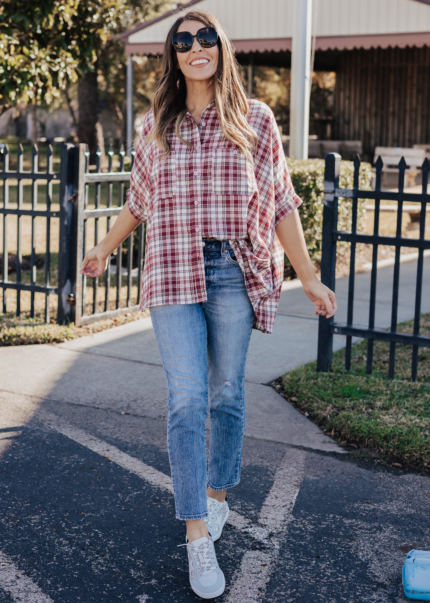SIZE 3X: Oversized Plaid Button Down (S-3X) *BURGUNDY/IVORY