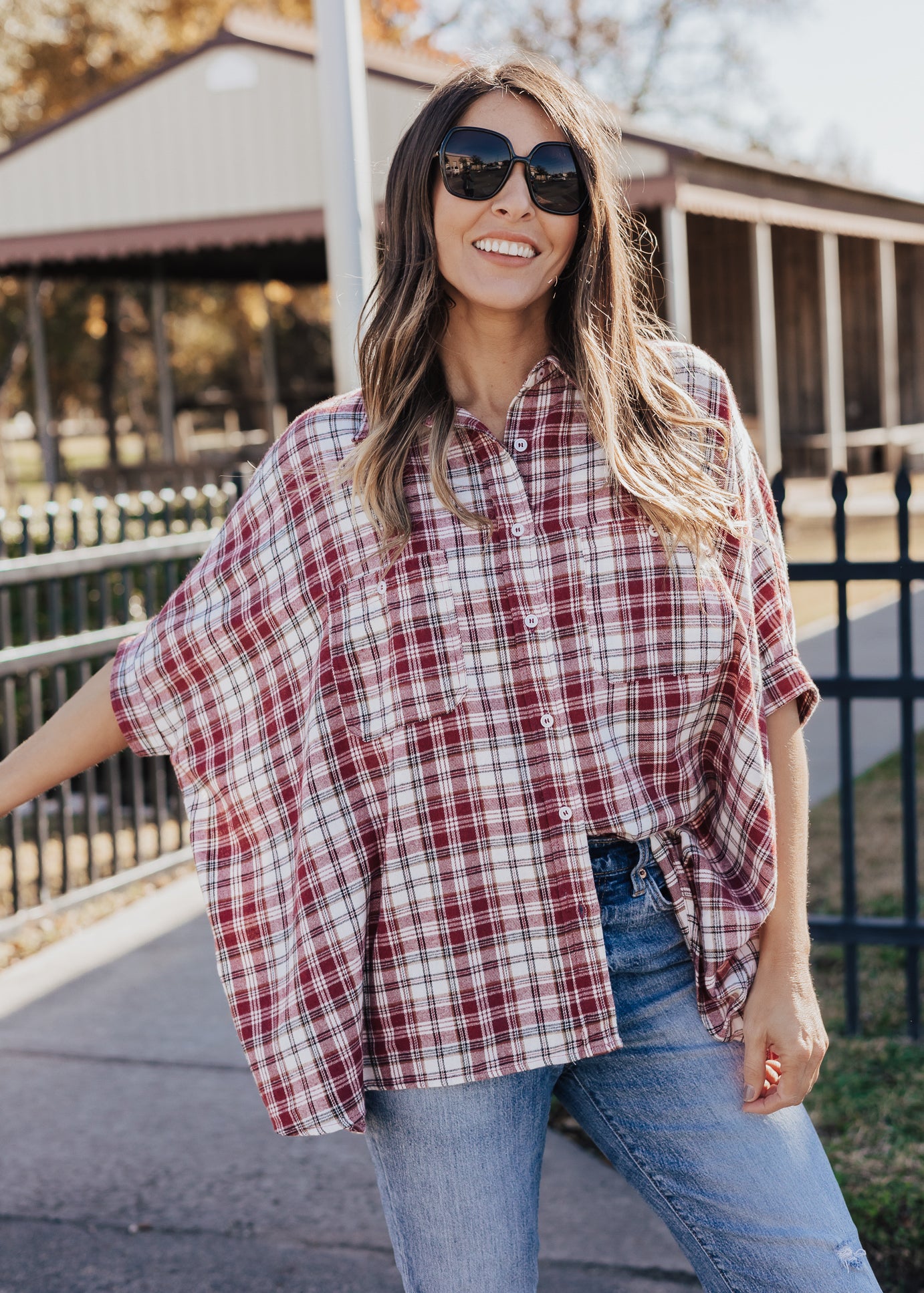 SIZE 3X: Oversized Plaid Button Down (S-3X) *BURGUNDY/IVORY