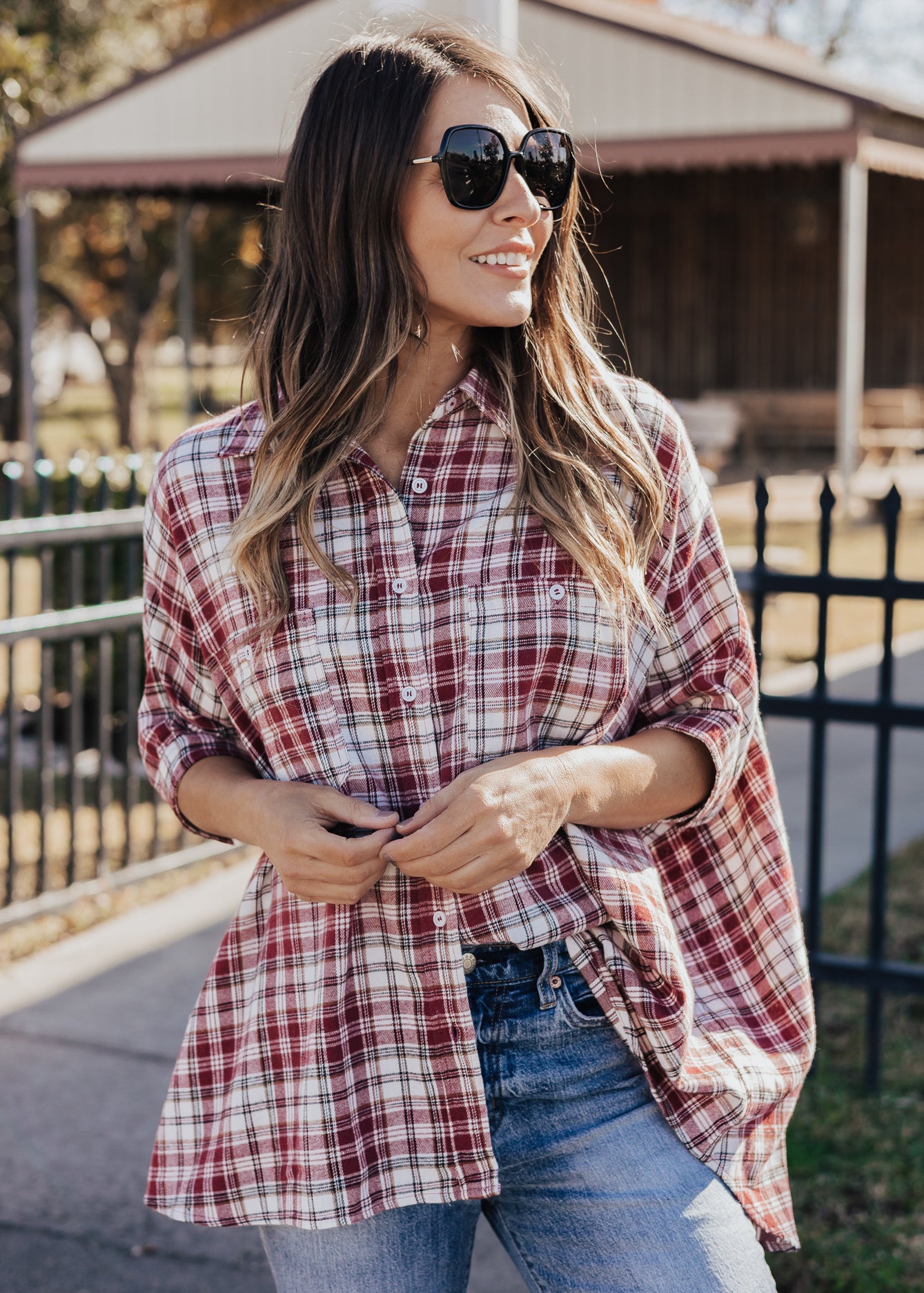 SIZE 3X: Oversized Plaid Button Down (S-3X) *BURGUNDY/IVORY