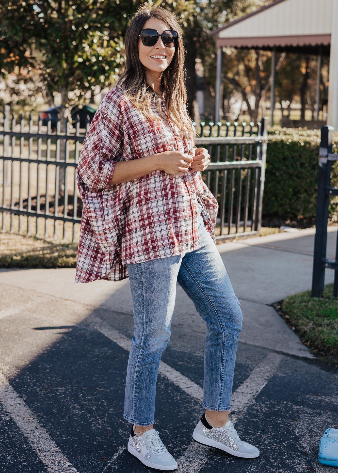 SIZE 3X: Oversized Plaid Button Down (S-3X) *BURGUNDY/IVORY