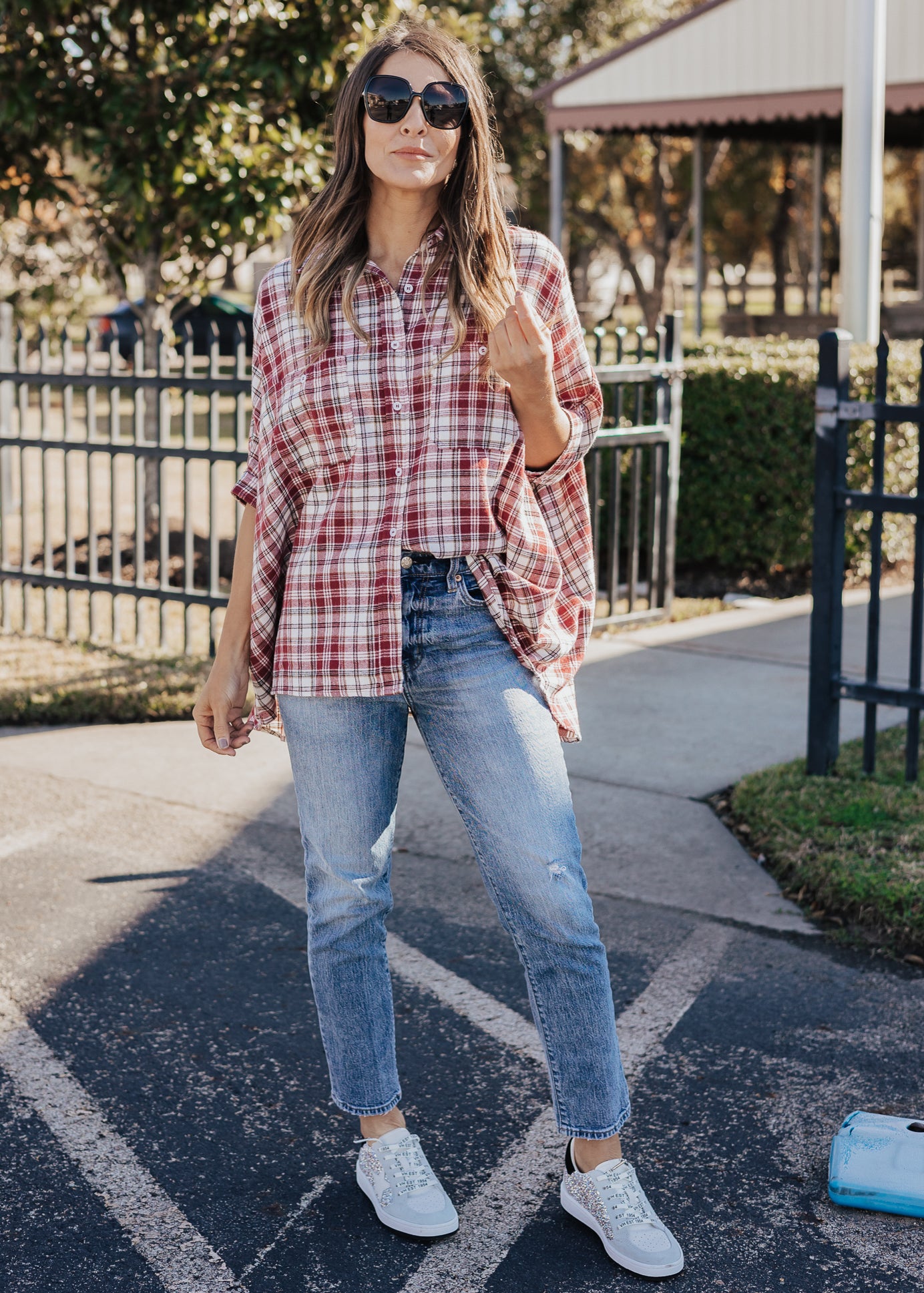 SIZE 3X: Oversized Plaid Button Down (S-3X) *BURGUNDY/IVORY