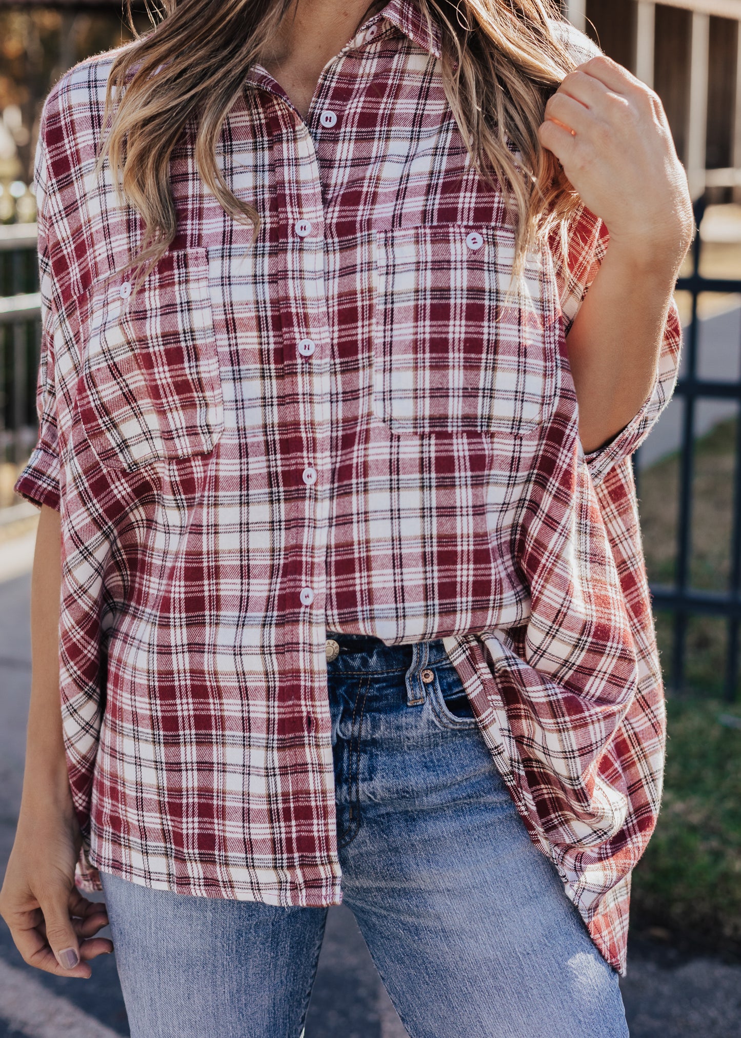 SIZE 3X: Oversized Plaid Button Down (S-3X) *BURGUNDY/IVORY