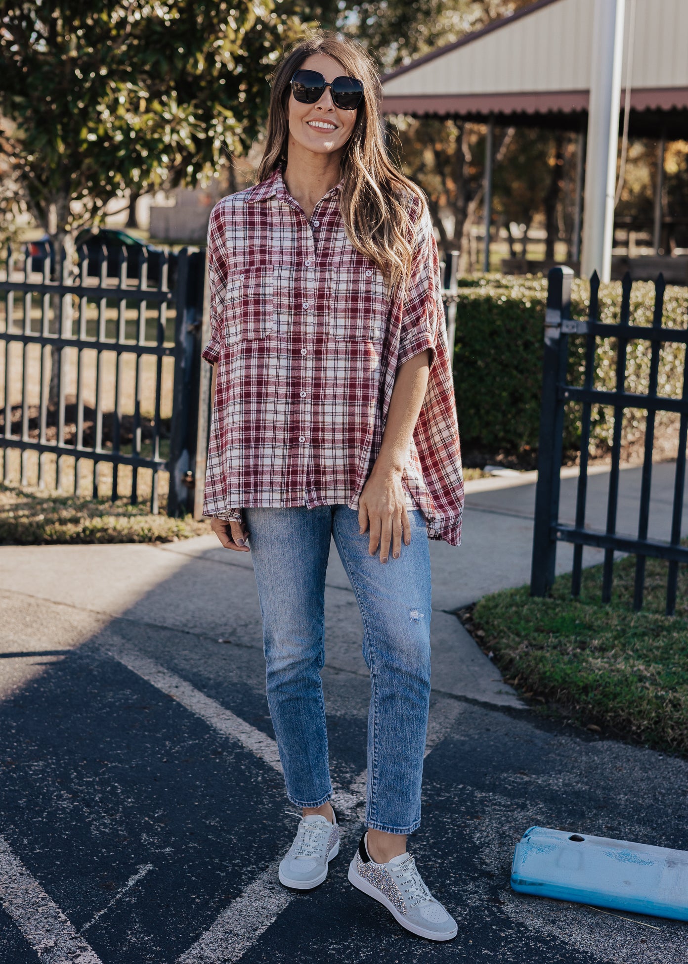 SIZE 3X: Oversized Plaid Button Down (S-3X) *BURGUNDY/IVORY