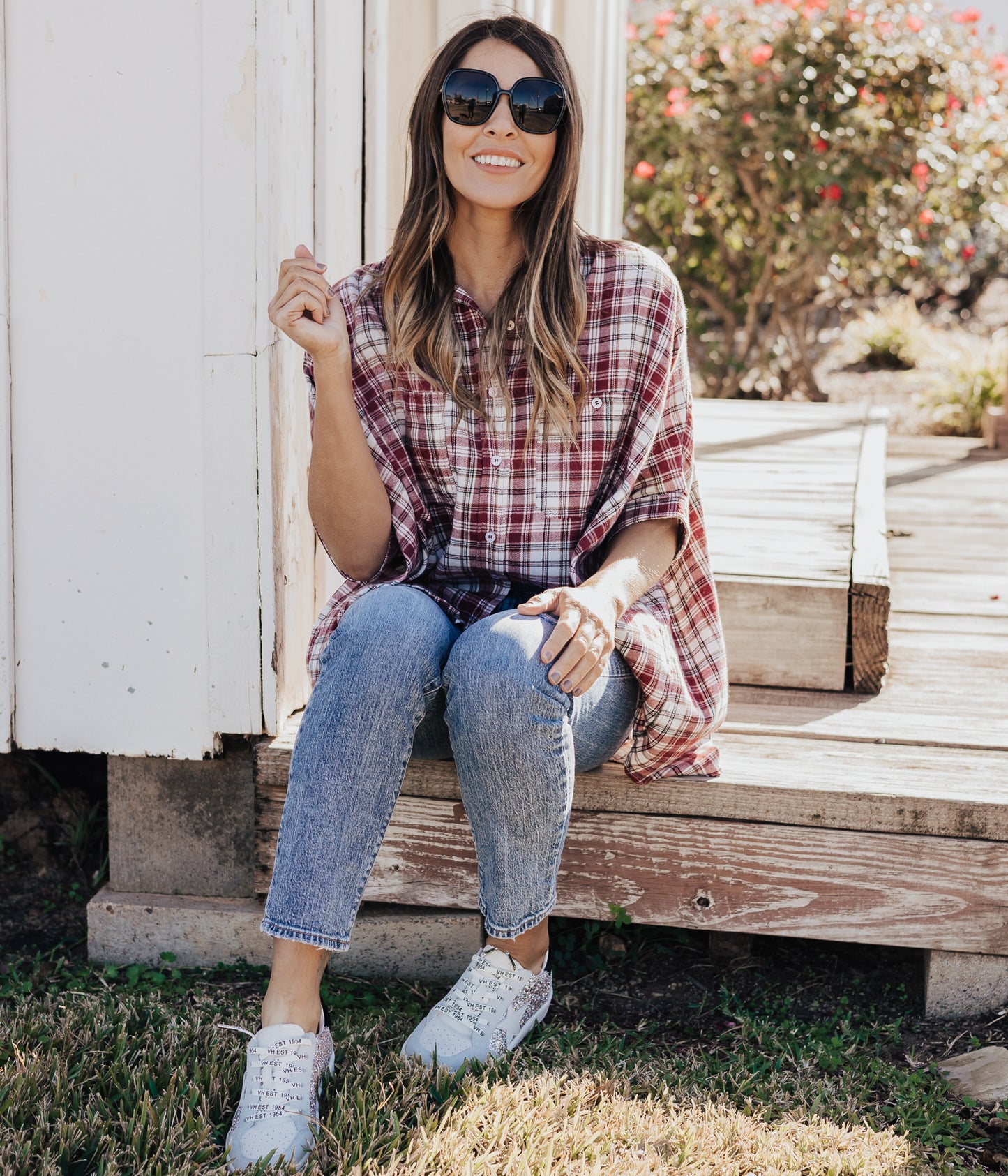 SIZE 3X: Oversized Plaid Button Down (S-3X) *BURGUNDY/IVORY