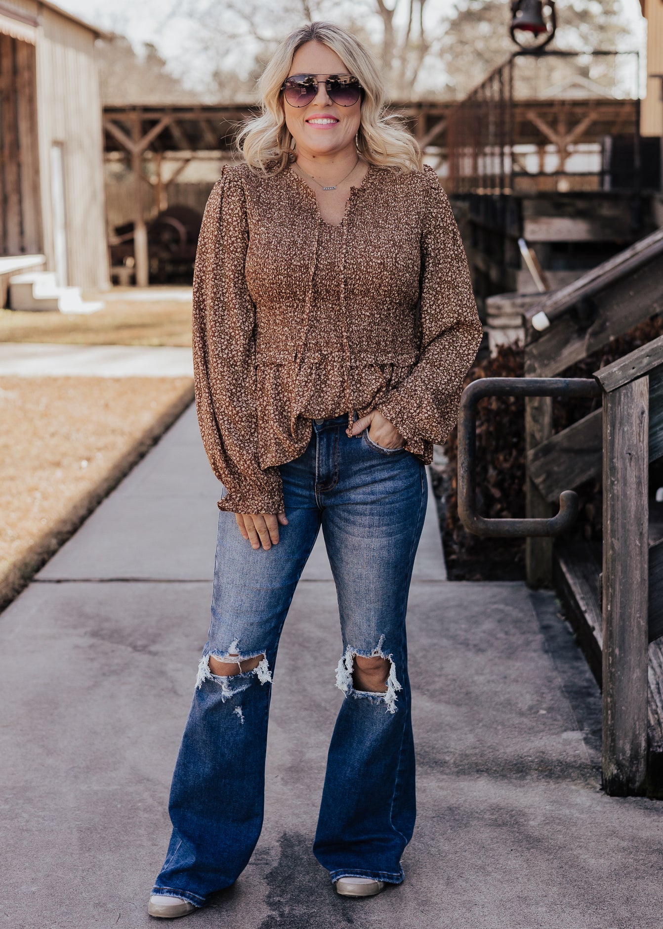 Smocked Brown Floral Top