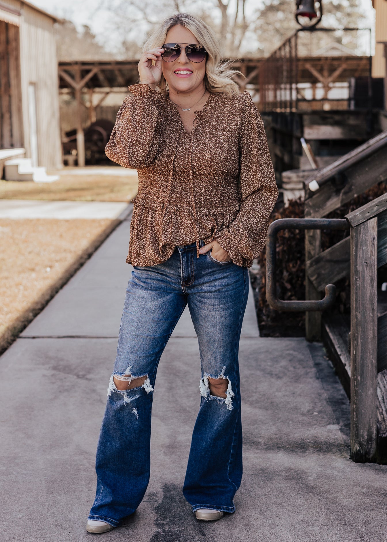 Smocked Brown Floral Top