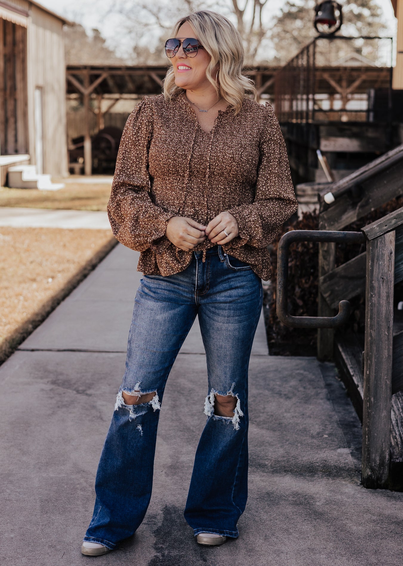Smocked Brown Floral Top
