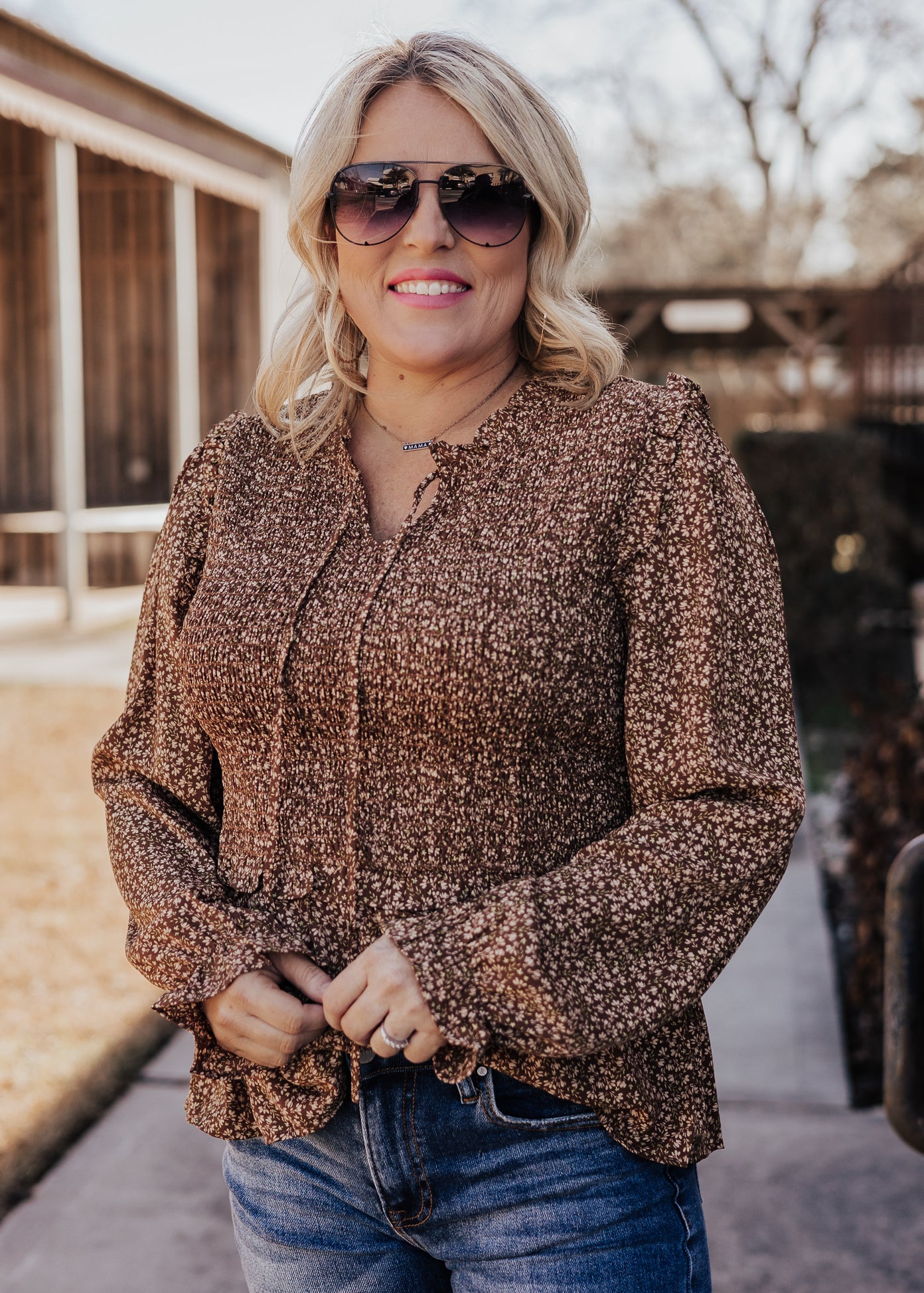 Smocked Brown Floral Top