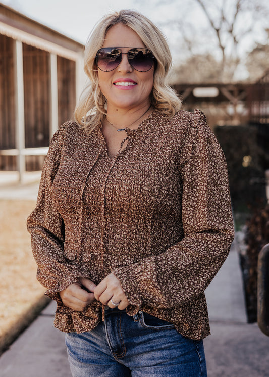 Smocked Brown Floral Top