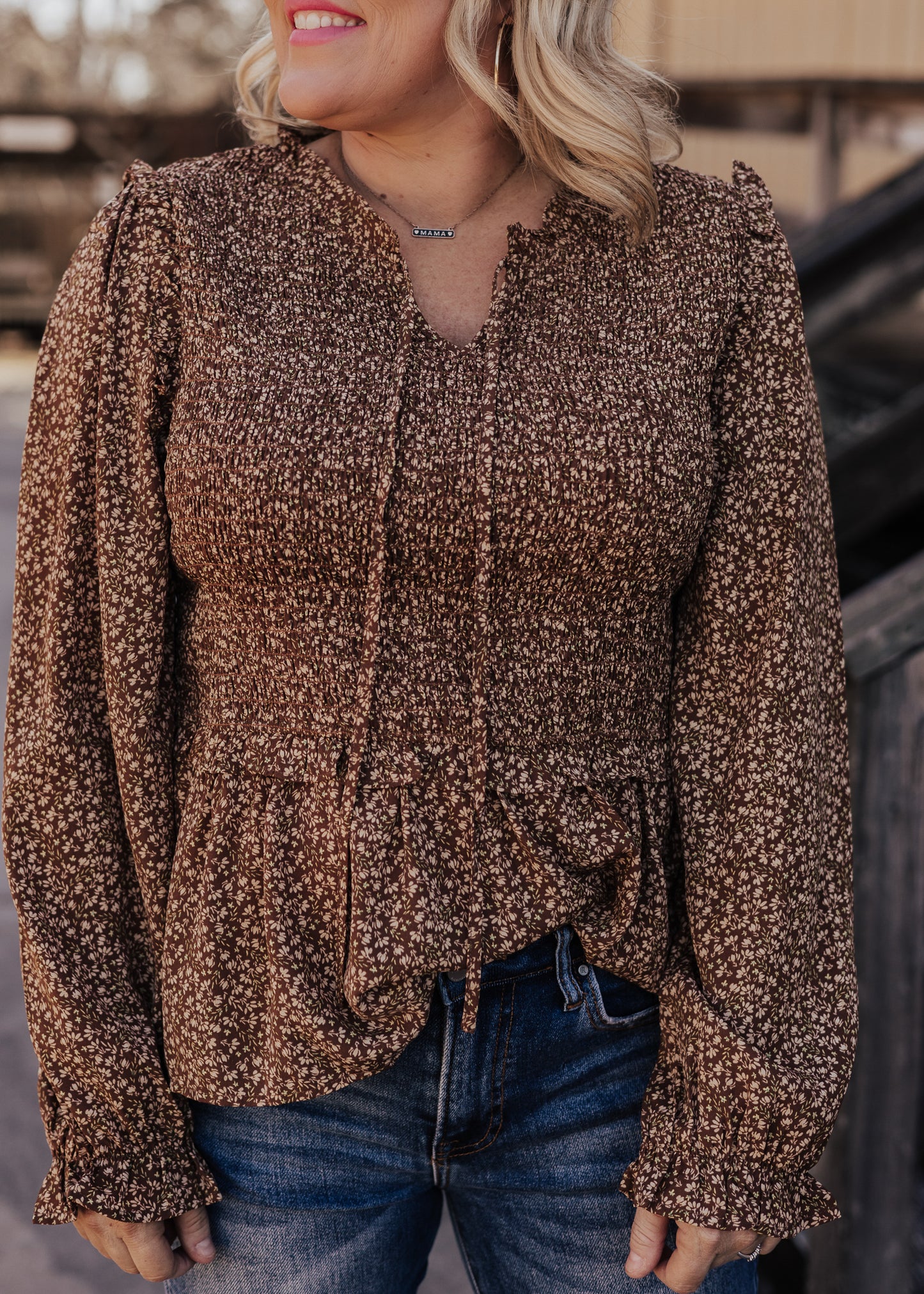 Smocked Brown Floral Top