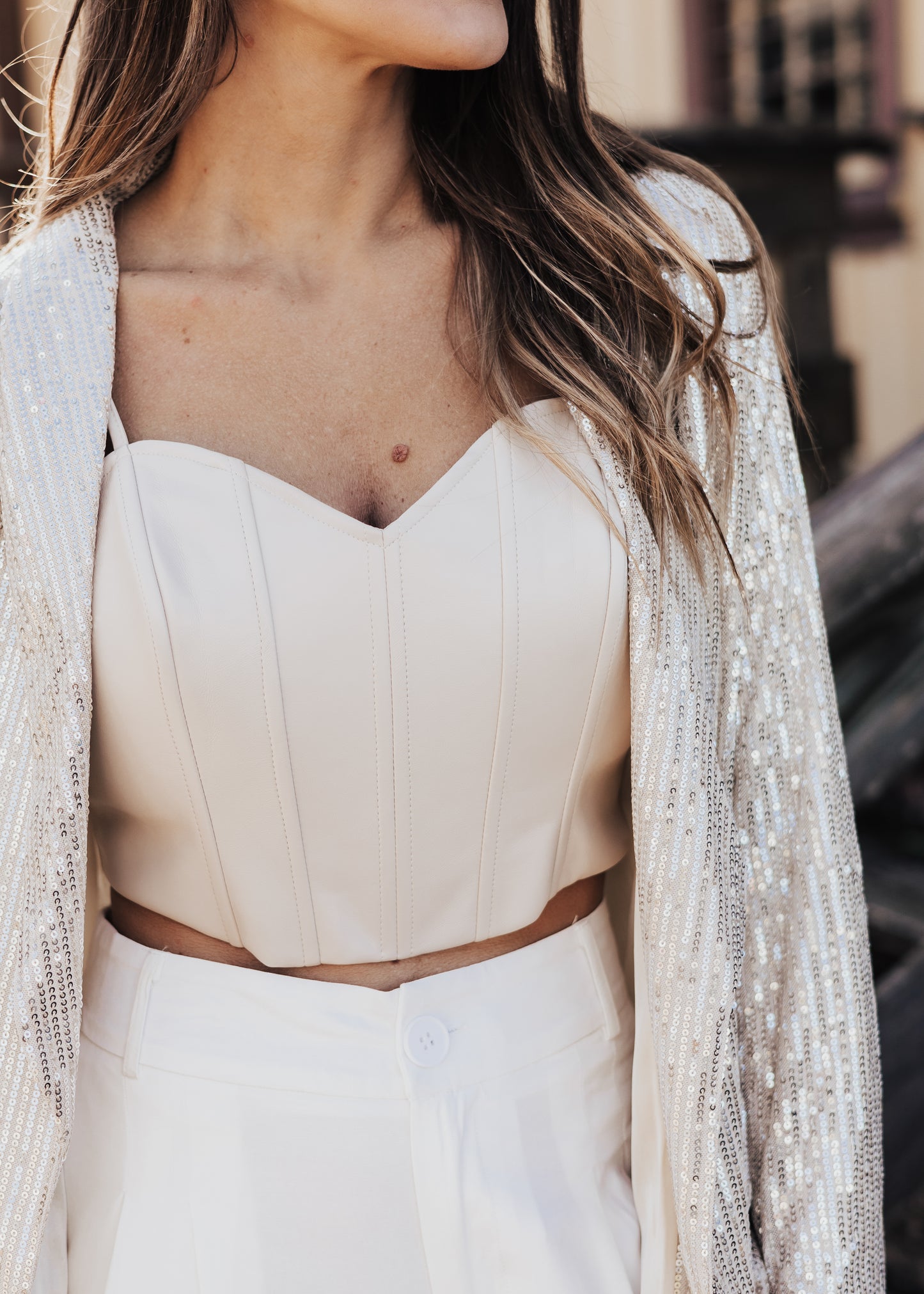 SMALL: Sweetheart Faux Leather Top *ECRU