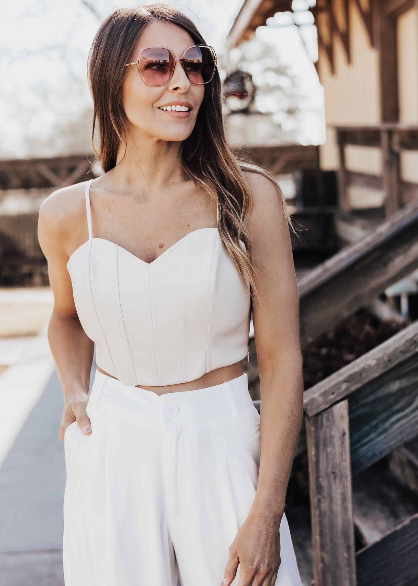 SMALL: Sweetheart Faux Leather Top *ECRU