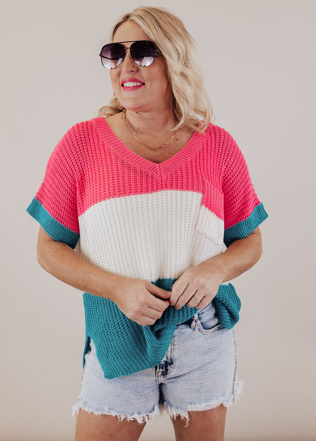 Pink Ivory Teal Knit Top (S-XL)