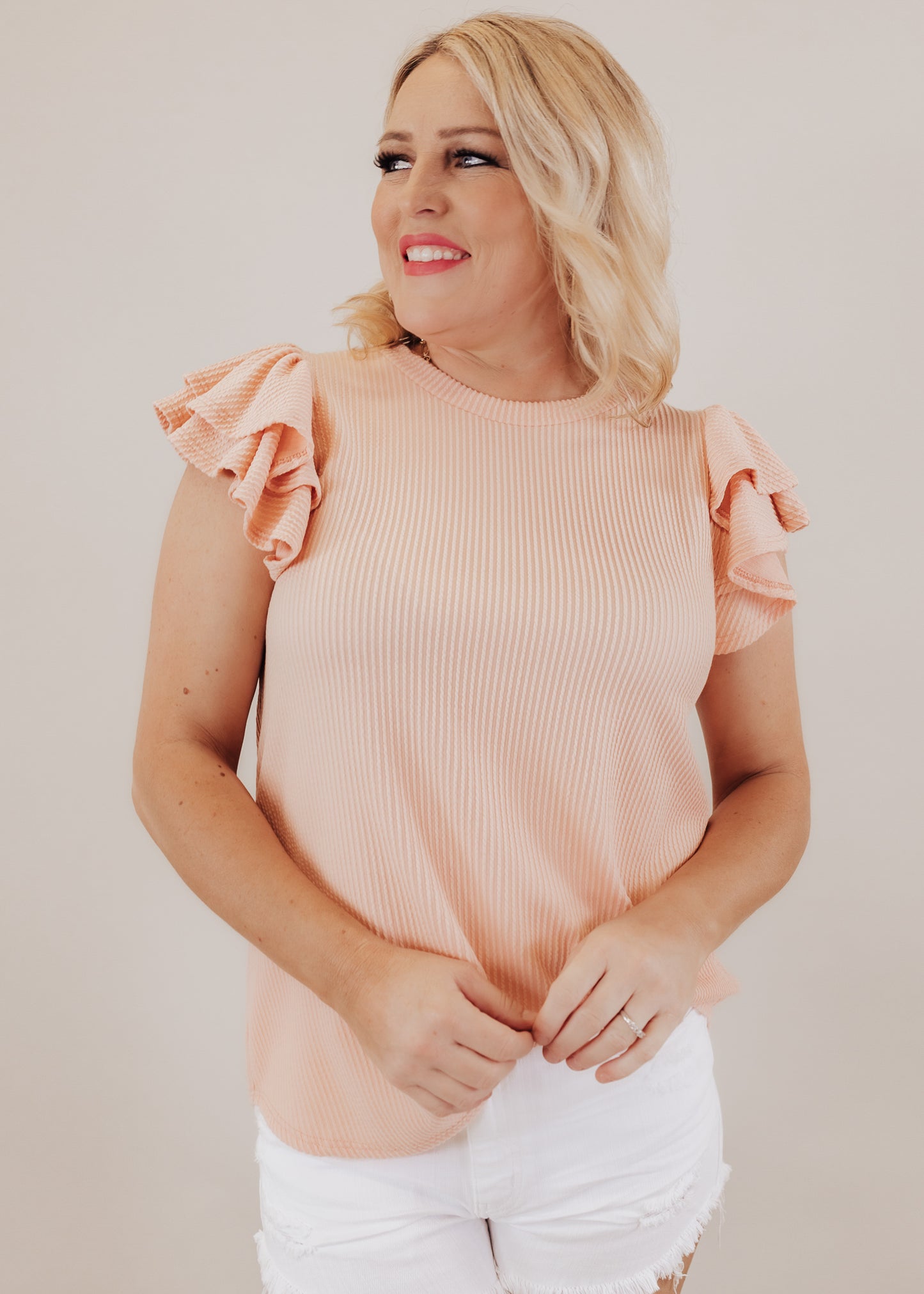 Double Flutter Sleeve Rib Top *SOFT PEACH