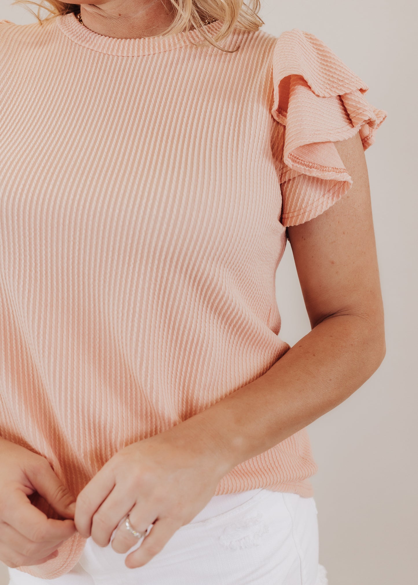 Double Flutter Sleeve Rib Top *SOFT PEACH