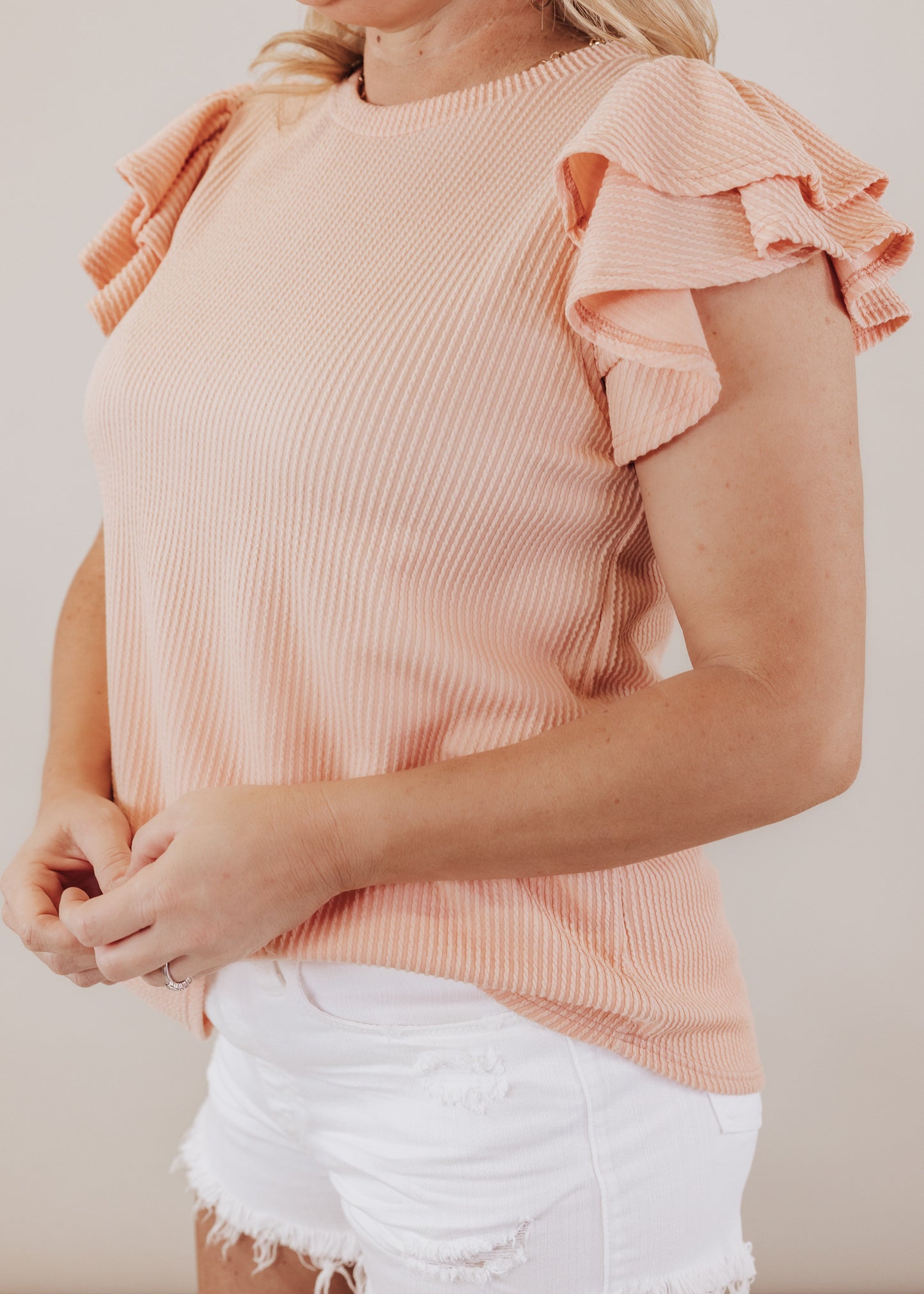 Double Flutter Sleeve Rib Top *SOFT PEACH