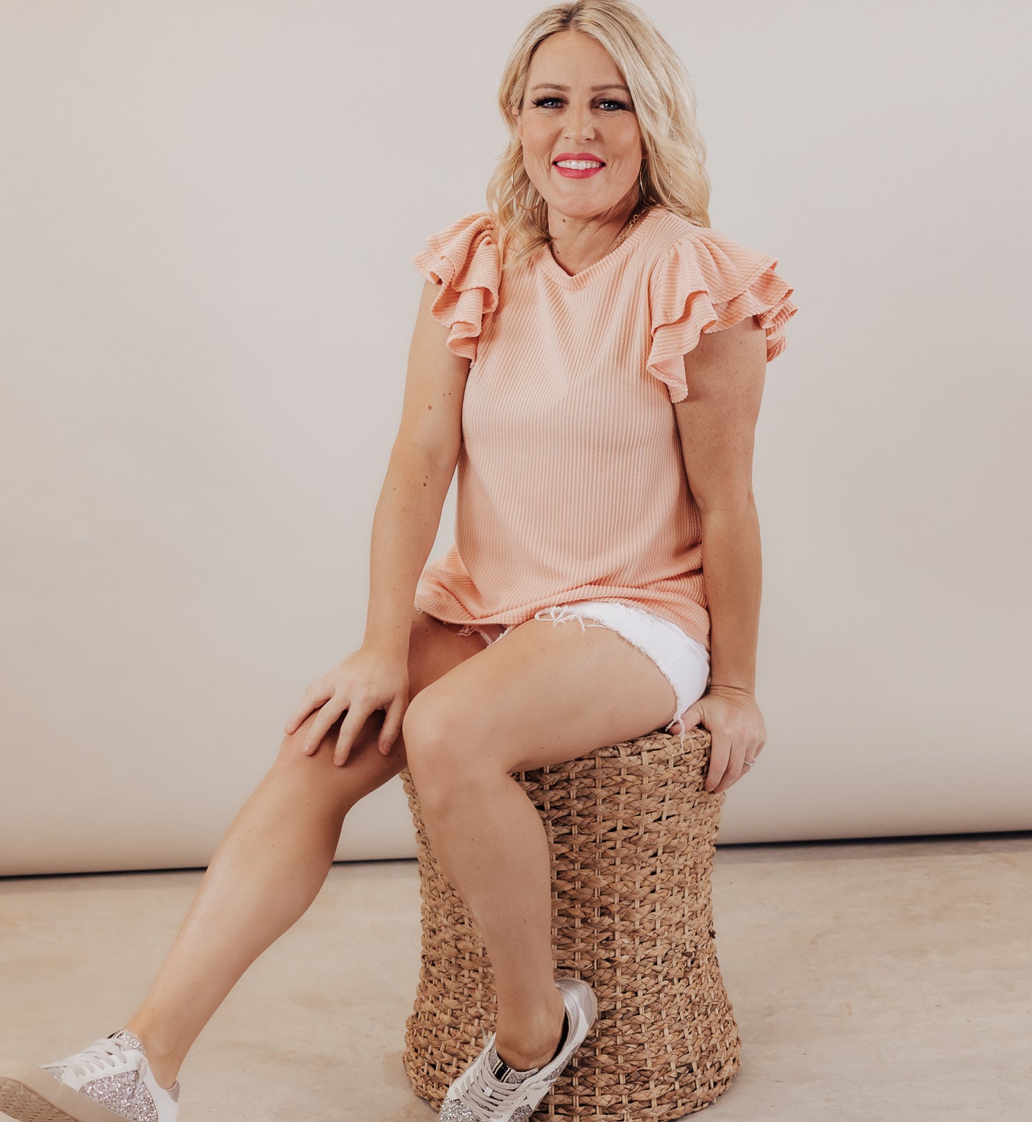 Double Flutter Sleeve Rib Top *SOFT PEACH