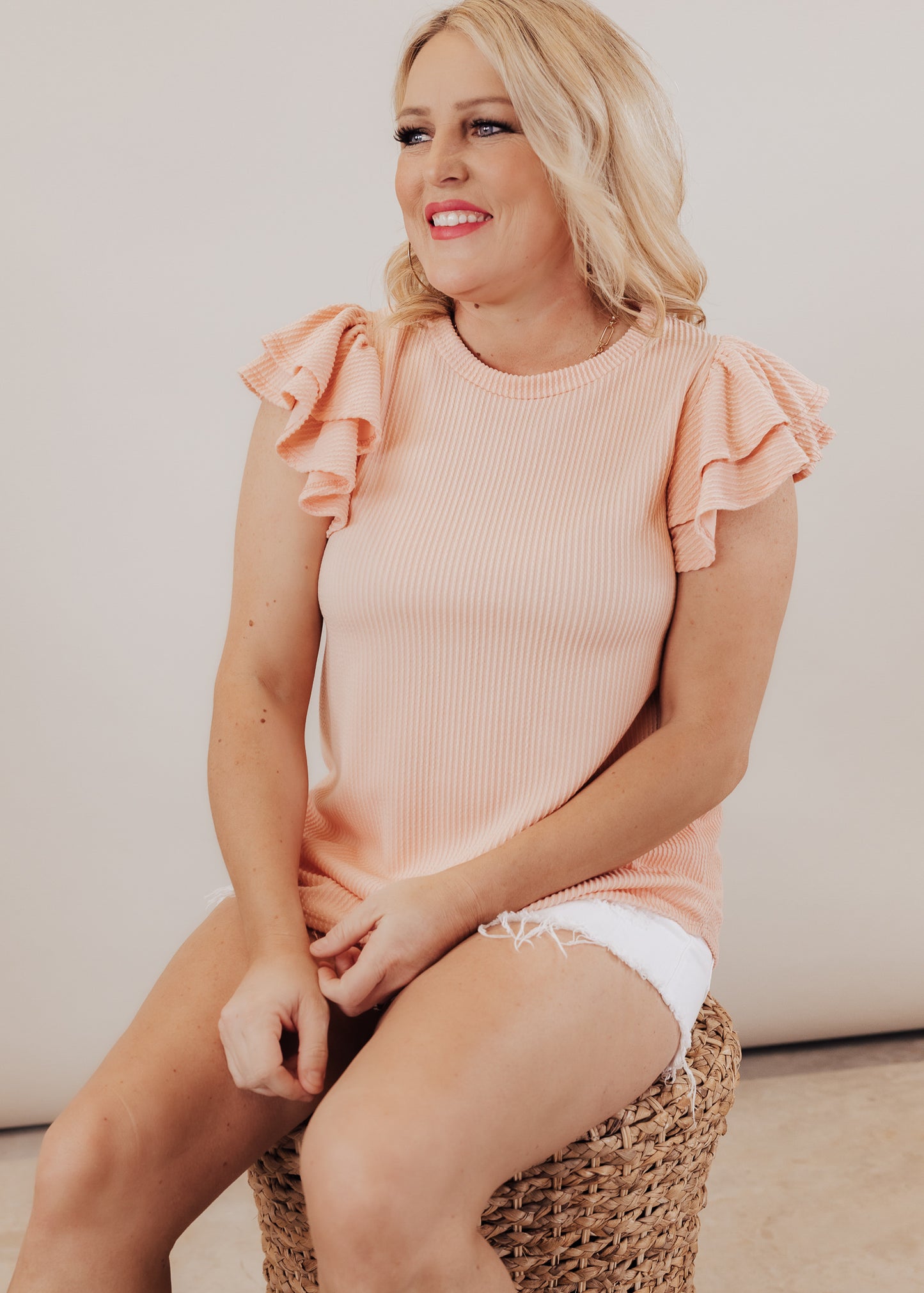 Double Flutter Sleeve Rib Top *SOFT PEACH